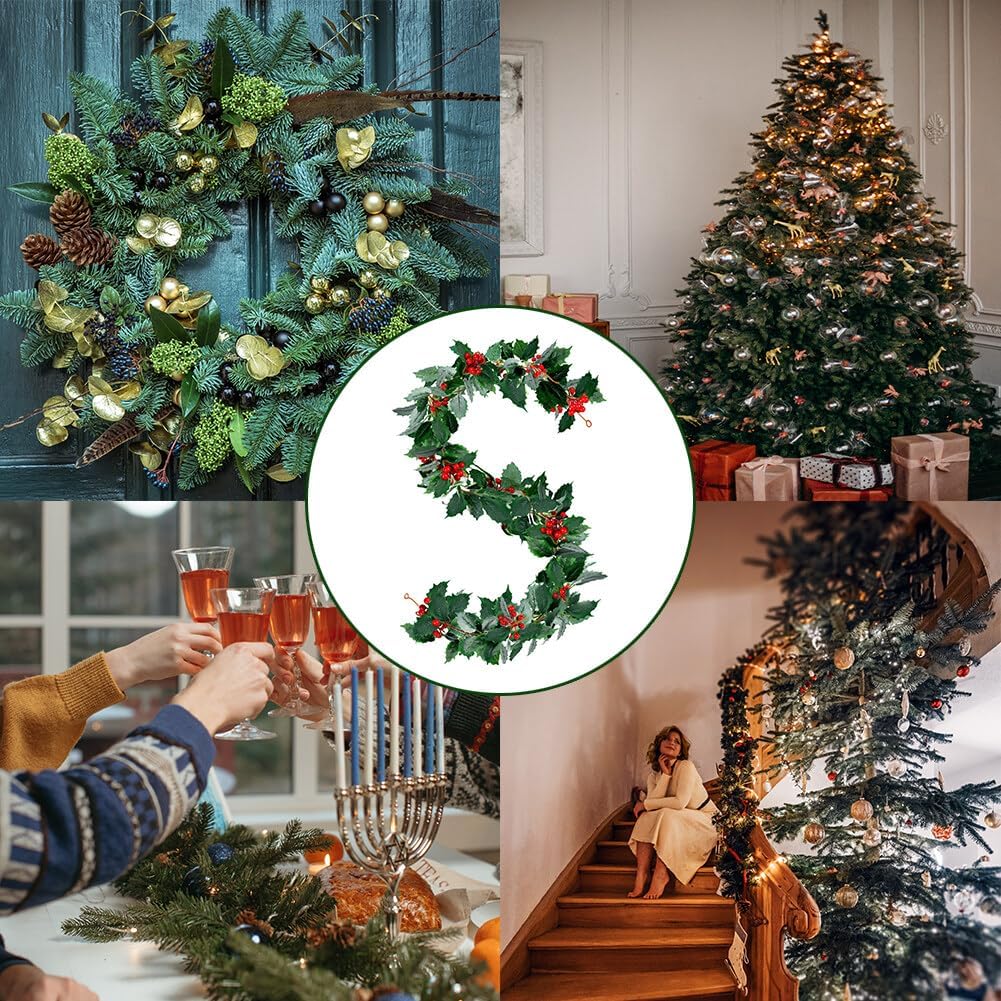 4 Pieces Xmas Green Garland 69inch Artificial Christmas Red Berry Vine Winter Holly Leaves Garland Outdoor for Indoor Outdoor Home Wedding Winter Party Door Frame Backdrop Decor(A)