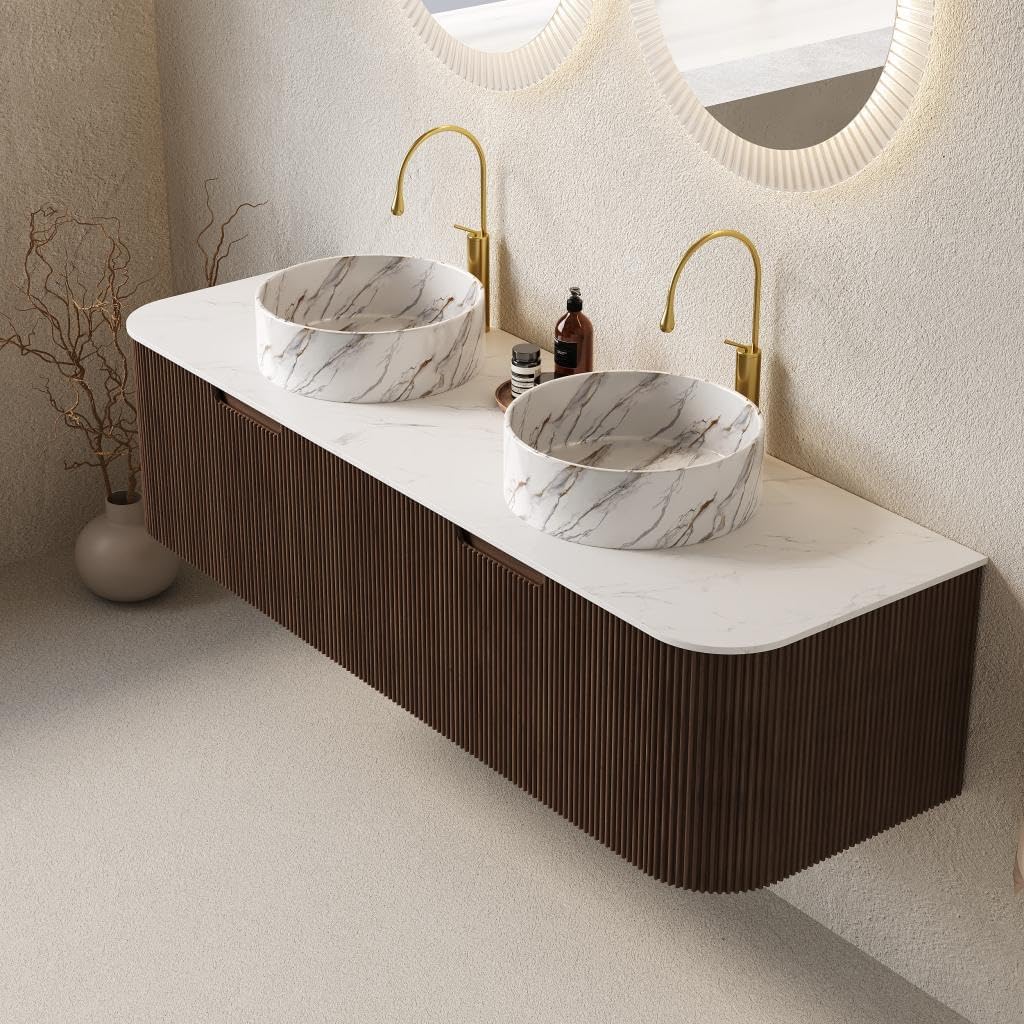 Floating Bathroom Vanity with Sink 60 Inch, Wall-Mounted Plywood Bathroom Vanity Cabinet with Drawer, Faux Marble Countertop & Marble Round Ceramic Basin, Pre-Assembled, Walnut Wood Grain