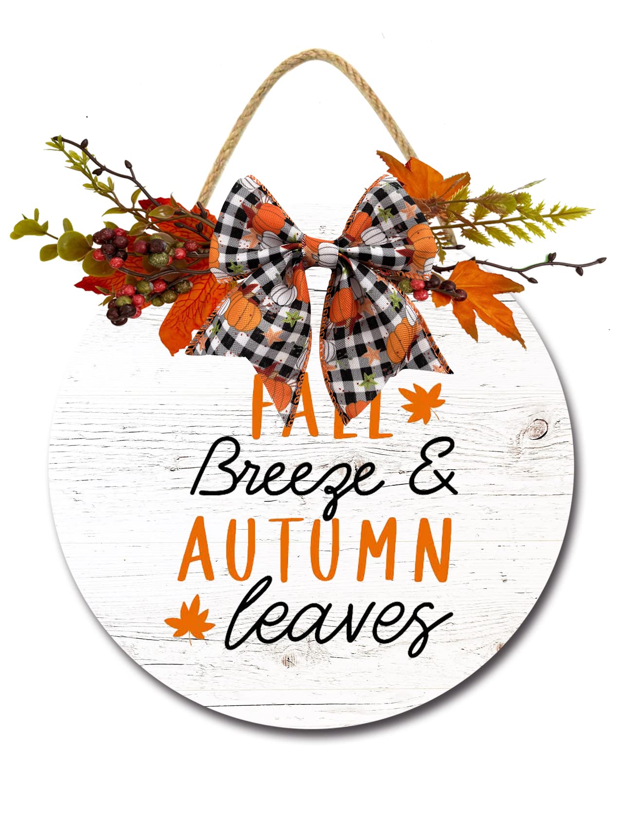 Fall Breeze Autumn Leaves Door Sign Home Decor Round Wood Wreaths Wall Hanging Sign Farmhouse Porch Sign Front Door Decoration for Housewarming Gift All Seasons Holiday