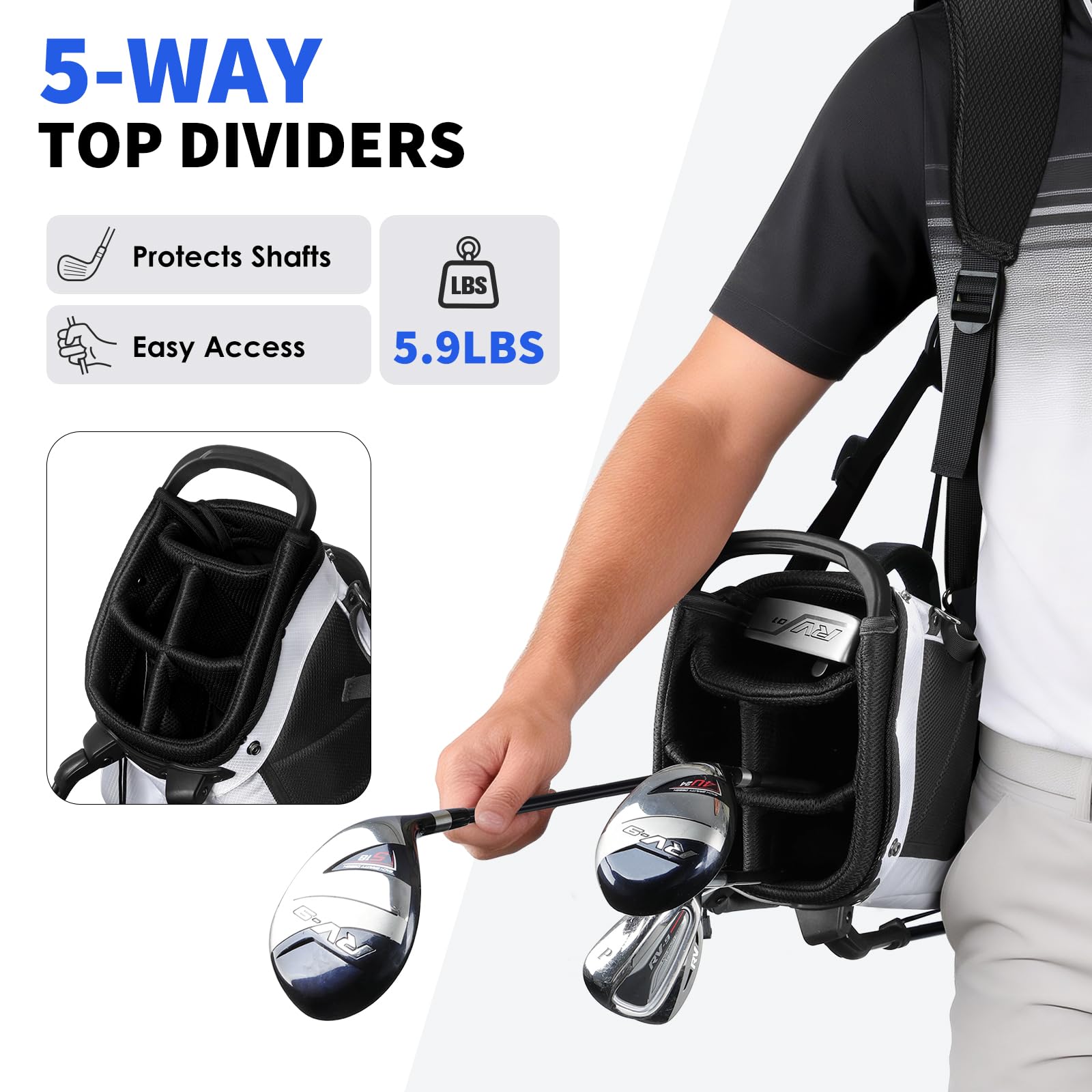 Findway Golf Standbag mit 5 Fach Unterteilung, 7'' Golfbag mit gepolstertem Doppelschultergurt, 5 Taschen, Regenhaube, Leichte Golftasche mit Ständer für Herren und Damen, Geschenk für Golfer