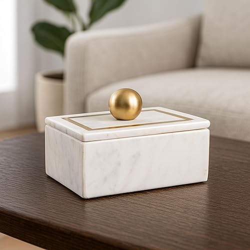 Sagebrook Home Cajas rectangulares con perilla de mármol, contenedor de almacenamiento multiusos decorativo, caja organizadora para artículos