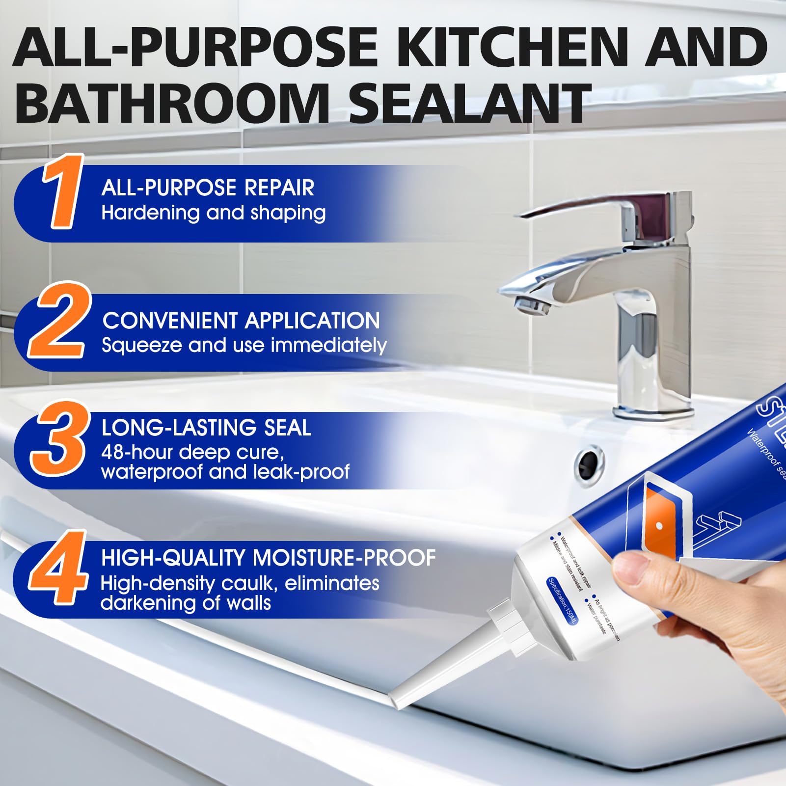 Silicone per Doccia, Silicone Bianco Sigillante, Silicone Sigillante Impermeabile, Silicones Alimentare, Silicona Blanca para Cocina y Baño, Non Facile da Rompere, 150ml*2