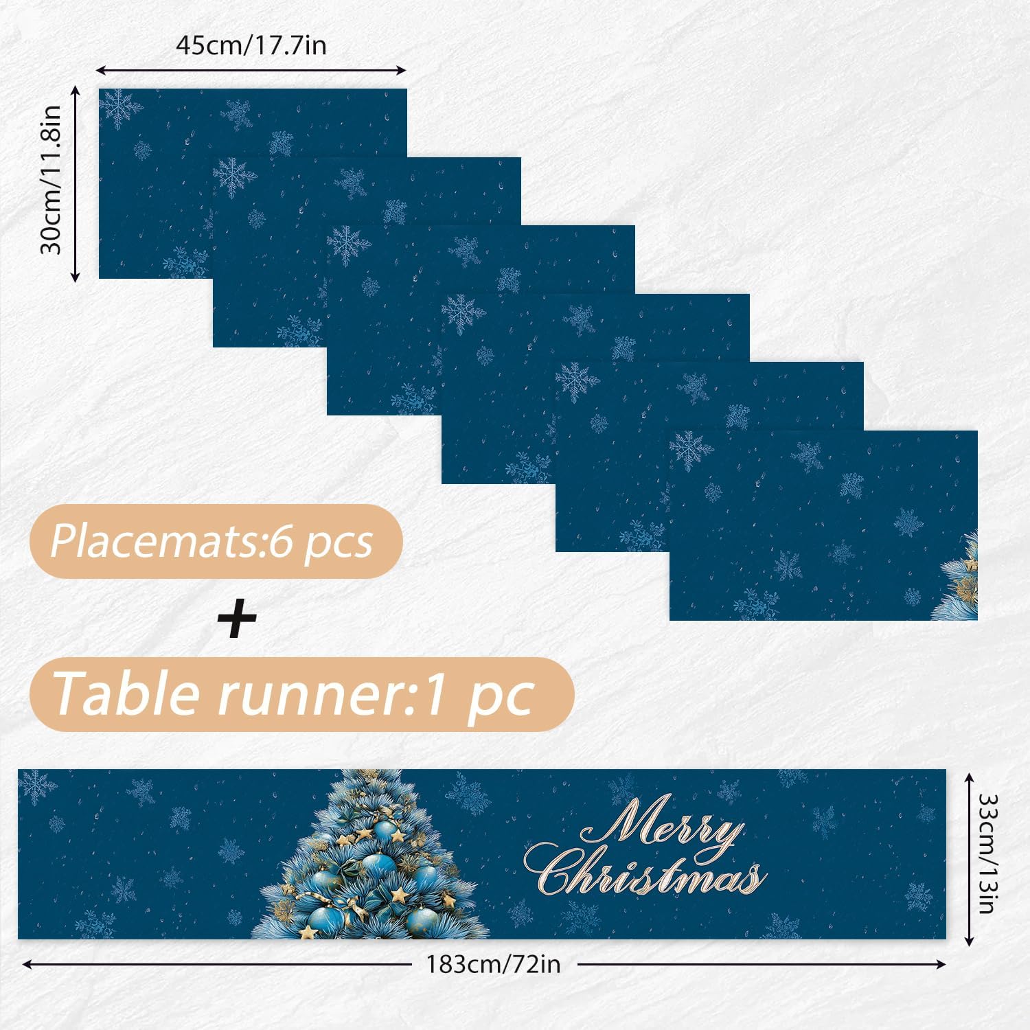 ANNA QUEEN Christmas Table Runner and Placemats Set of 6 – 13"x72" Runner & 12"x18" Placemats, Blue Christmas Tree with Snowflakes and Merry Christmas Script, Elegant Winter Holiday Decor