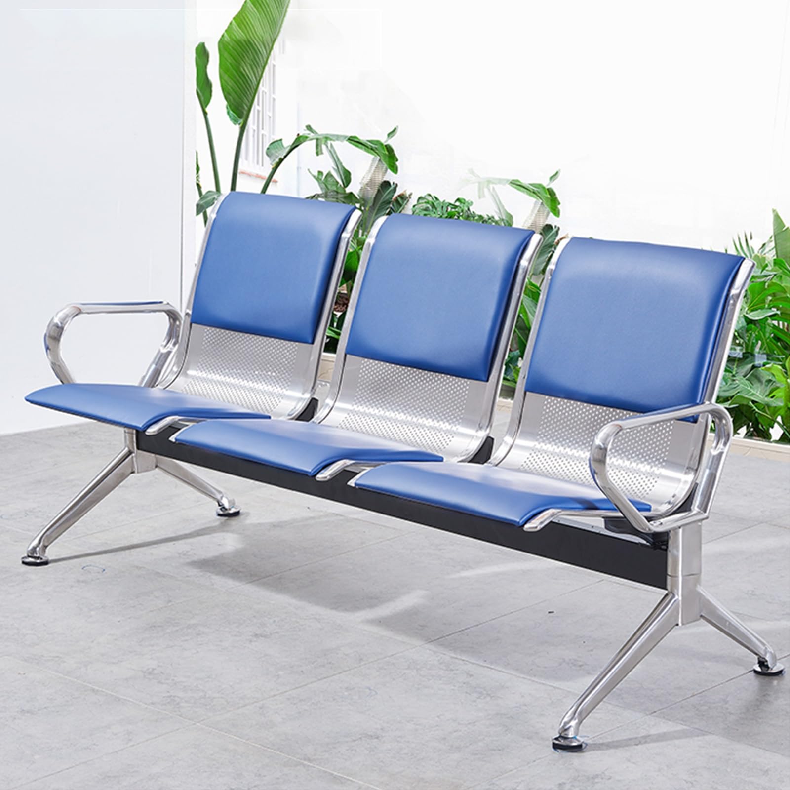 SaryEdge Blue 3-Seat Bench Set - PU Leather Office Chairs with Backrests & Armrests, Ideal for Guest Reception in Office, Bank, School & Airport,