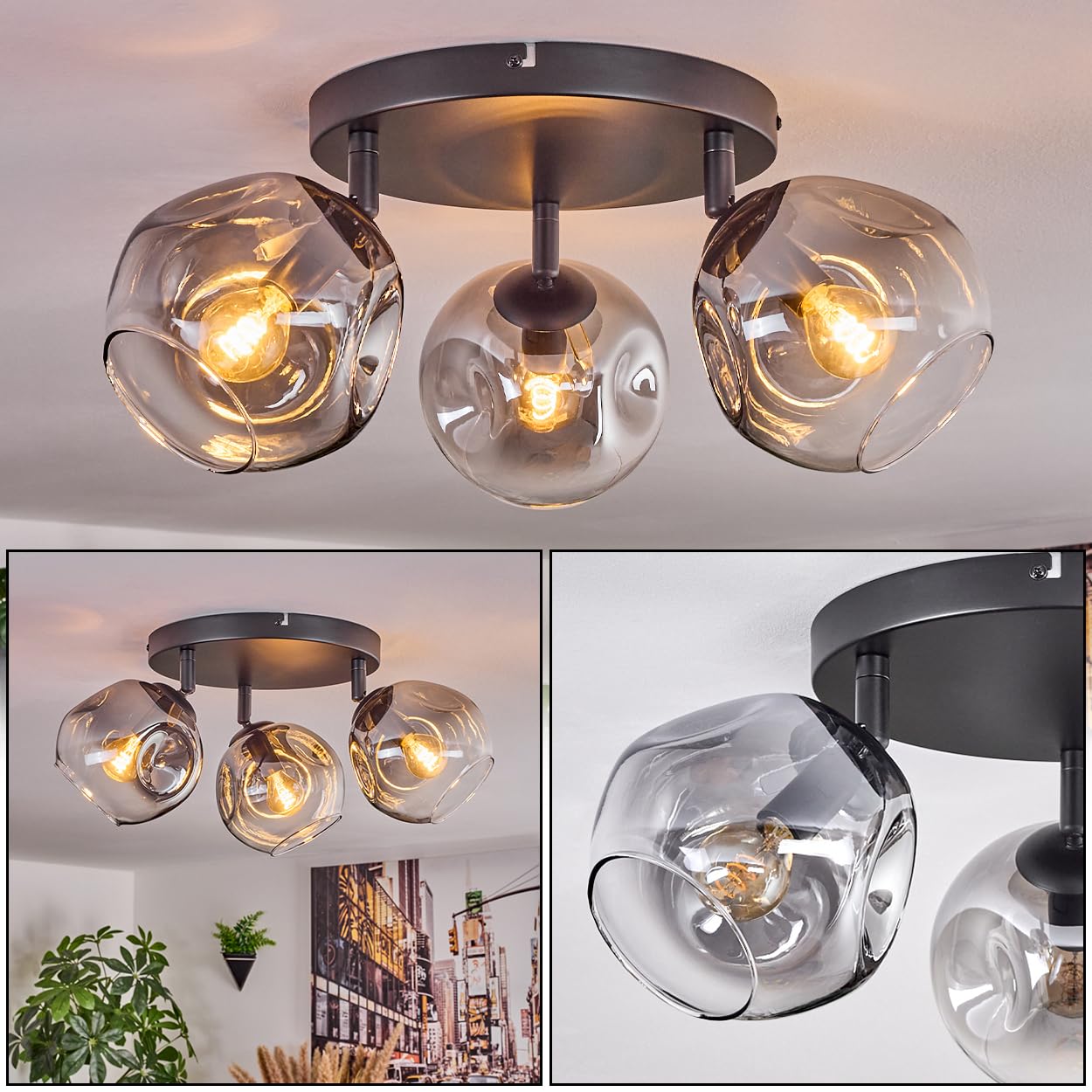 HOFSTEIN Deckenleuchte Ripoll, 3-flammige Deckenlampe aus Metall/Glas in Schwarz/Rauch/Klar, verstellbare Leuchte im Retro/Vintage-Design (Ø Schirme 15 cm), E14, Esszimmer, Wohnzimmer, Schlafzimmer