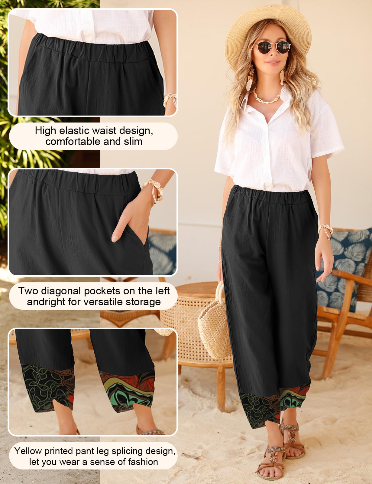 Yuson Girl Pantaloni Donna Pantaloni Estivi Donna Leggeri Pantaloni Larghi Lino Vita Alta Pantalone con Tasche Pantaloni di Svago Panno di Lino da con Fascia Elastica