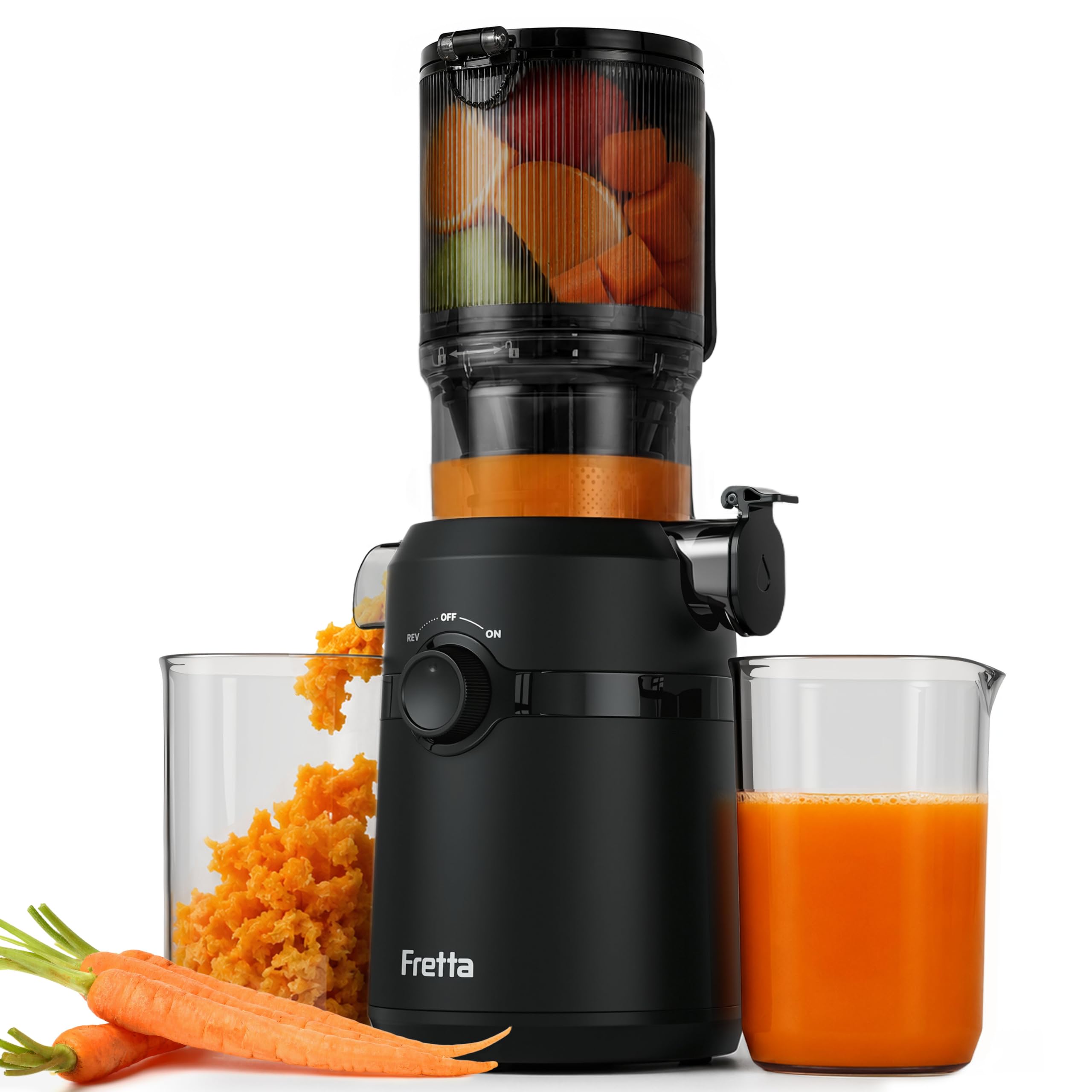 Fretta Extractor de Zumos y Verduras, Apertura de 108MM y Capacidad de 1L, Licuadora Prensado en Frio para Verduras Frutas Enteras, 200W Slow Juicer Machine, Fácil Montaje y Limpieza, Sin BPA (Negro)