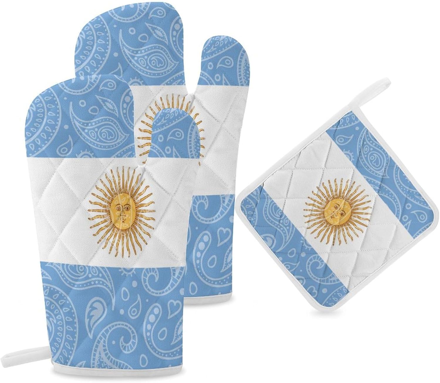 Paisley Argentina Flag Print Oven Mitts and Pot Holders 3 Piece Sets Heat Resistant Gloves Hot Pads Potholders for Kitchen Baking Cooking