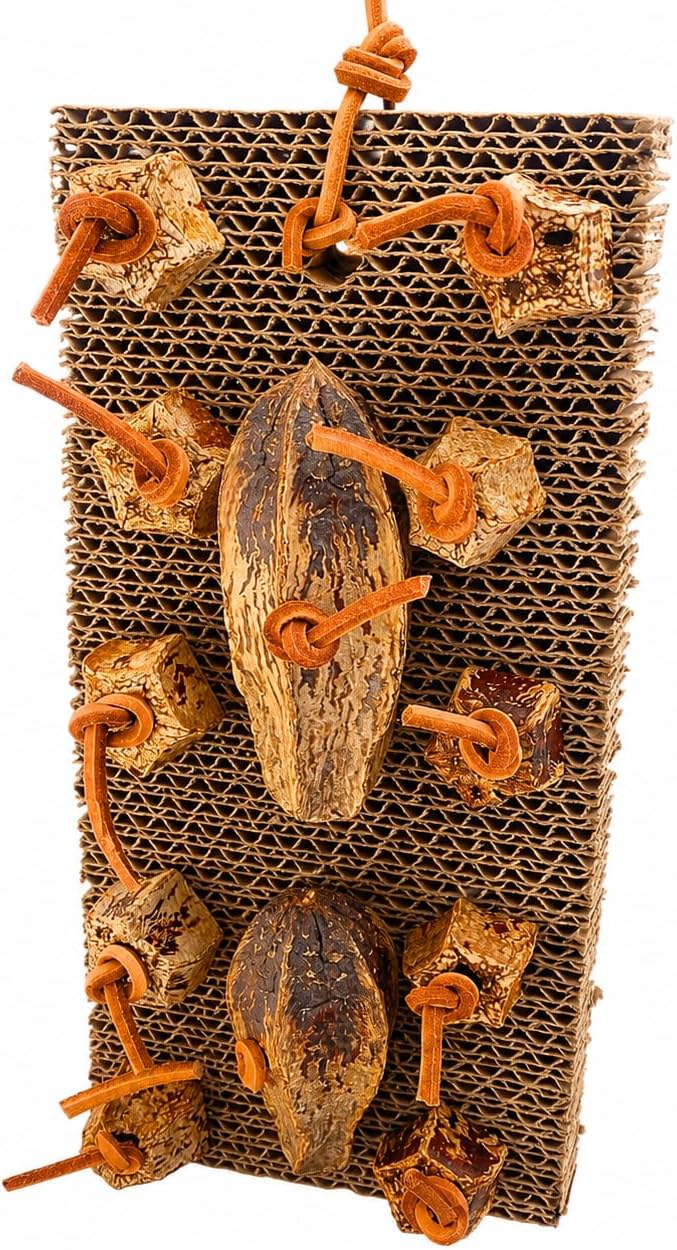 Bonka Bird Toys 1423 Mahogany Munch Board – Interactive Chewable Toy for Small to Medium Birds, 12" x 4" x 2", Natural Mahogany & Flute Cardboard for Parrots, Conures, Parakeets & Cockatiels