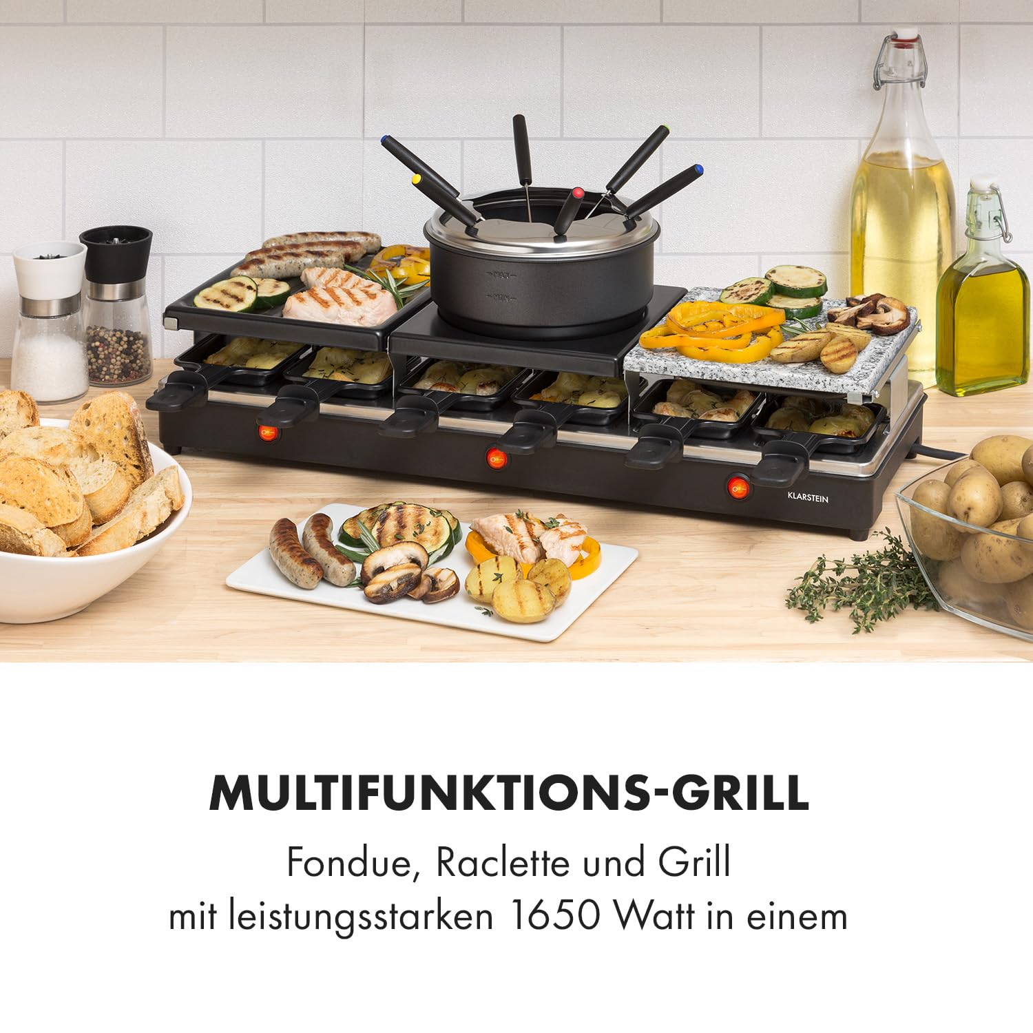 Klarstein Fonduelette XL - 3-in-1 Raclette-Grill & Fondue, 1650 Watt: Metall- /Naturstein-/Crêpesplatte, 3 separate Edelstahl-Heizelemente, bis 12 Personen, Antihaftbeschichtung, schwarz
