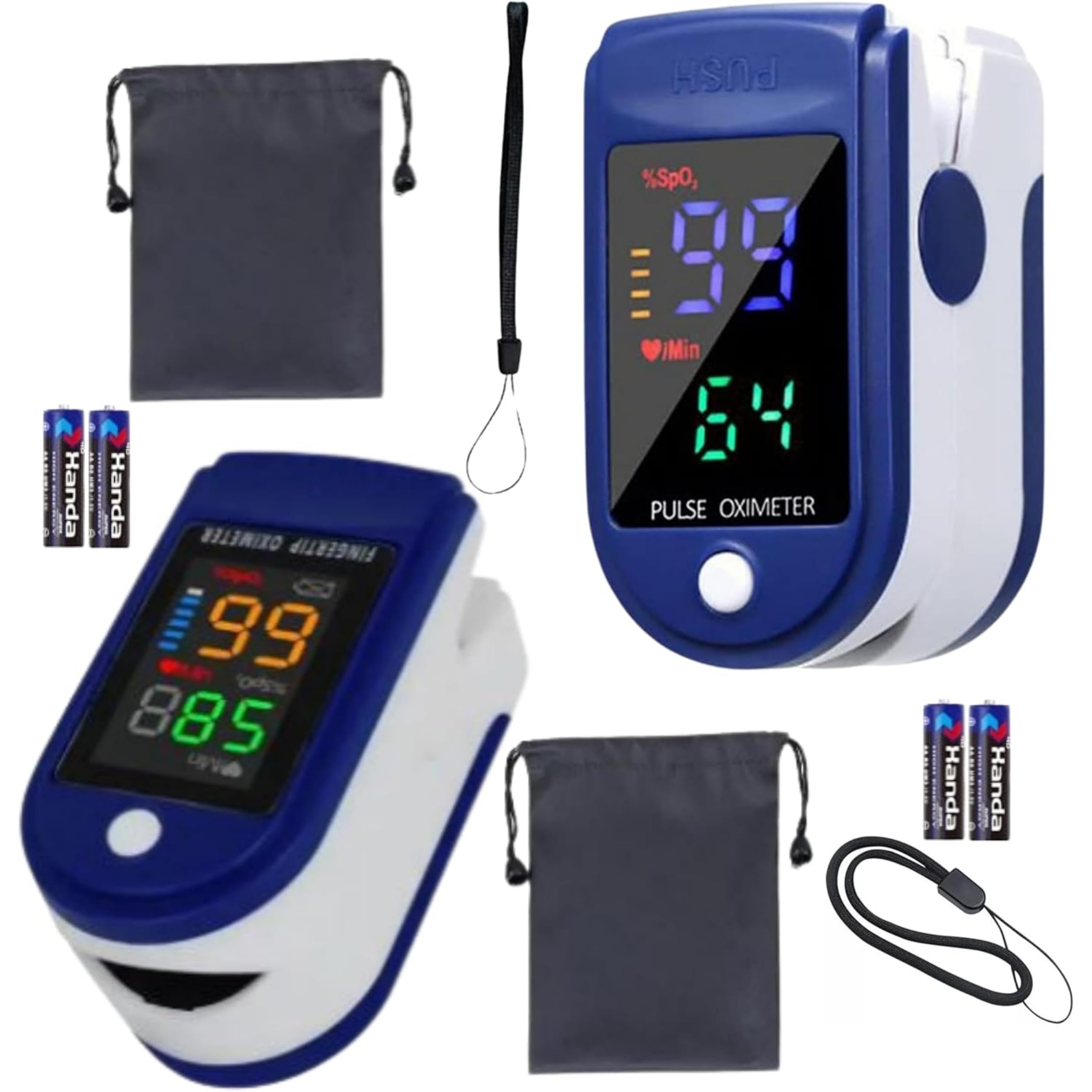Oxymètre de Pouls Doigt – LOT DE 2 – Mesure SpO₂ & Fréquence Cardiaque – Écran LED Lisible – Piles Incluses – Oxymètre Adultes & Adolescents – Usage Bien-Être notice en Français etui et cordon