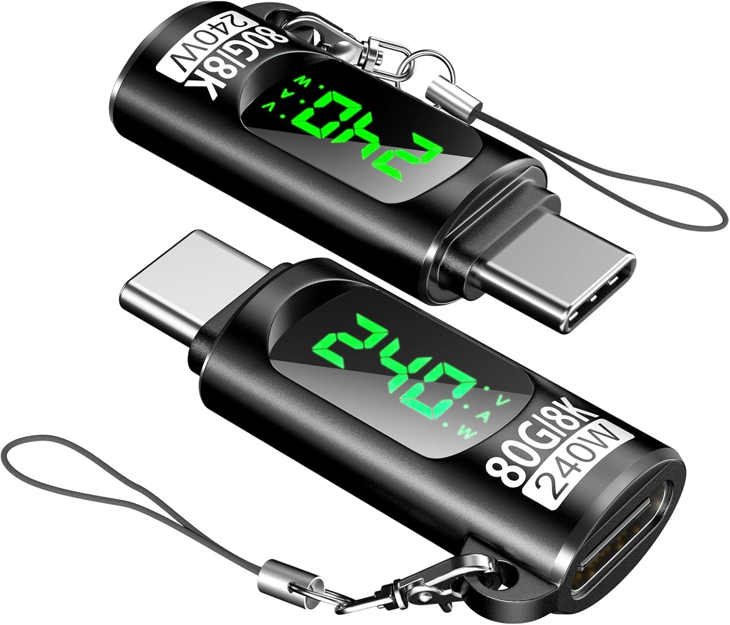 2 Pack 240W USB C Adapter with Digital Display,Voltage Current Power Meter Tester 80Gbps 60Hz Type C Male to Female Connector for iPhone 15/16,iPad,MacBook and USB C Cables