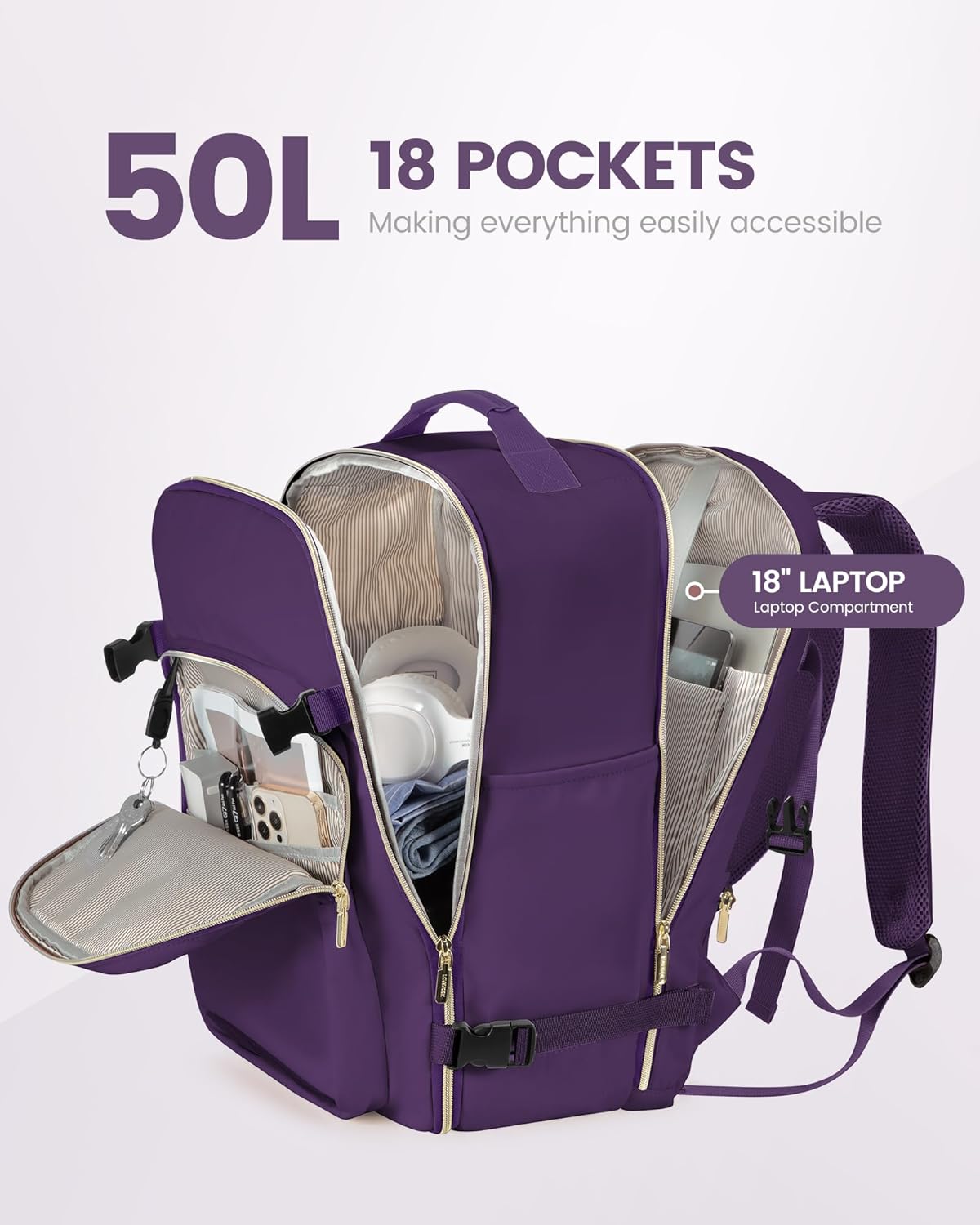 LOVEVOOK Travel Backpack for Women & Men 50L,Airline Approved Carry On Backpack Travel Essentials,TSA Carry on Luggage,Waterproof Personal Item Travel Bag,Suitcase with 3 Packing Cubes,Dark purple - Image 3
