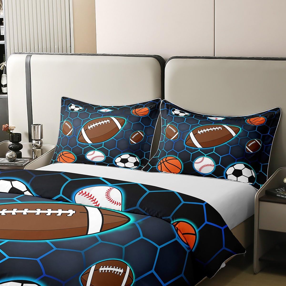 Sport Theme 100% Cotton Duvet Cover Twin Size,Blue Geometric Hexagon Ball Gaming Comforter Cover with 1 Pillowcase,Rugby Softball Basketball Print Soft Bedding Set for Kids Bedroom Decor,All Season