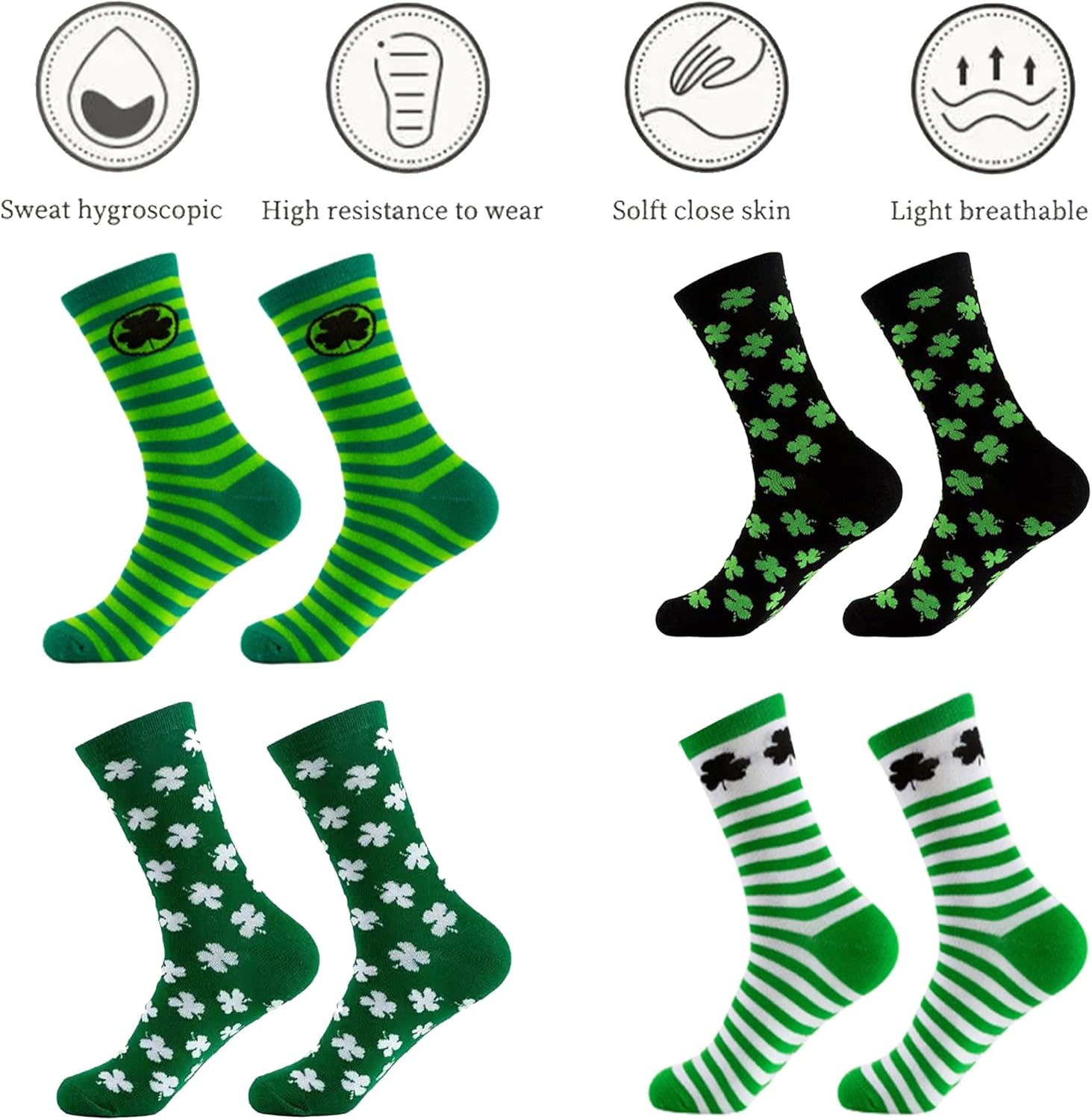 IZUS 2-Set Green Shamrock Crew Socks for Women Men St.Patricks Day Casual Novelty Funny Festival Socks Size 6-12 - Image 3