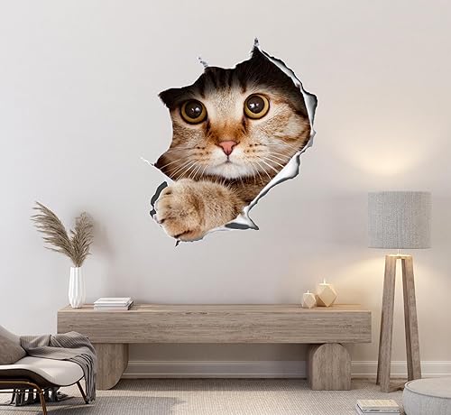 Calcomanía de pared de gatito y gato, arte de pared para amantes de los gatos, mural de pared 3D destrozado, calcomanía de pared para decoración del