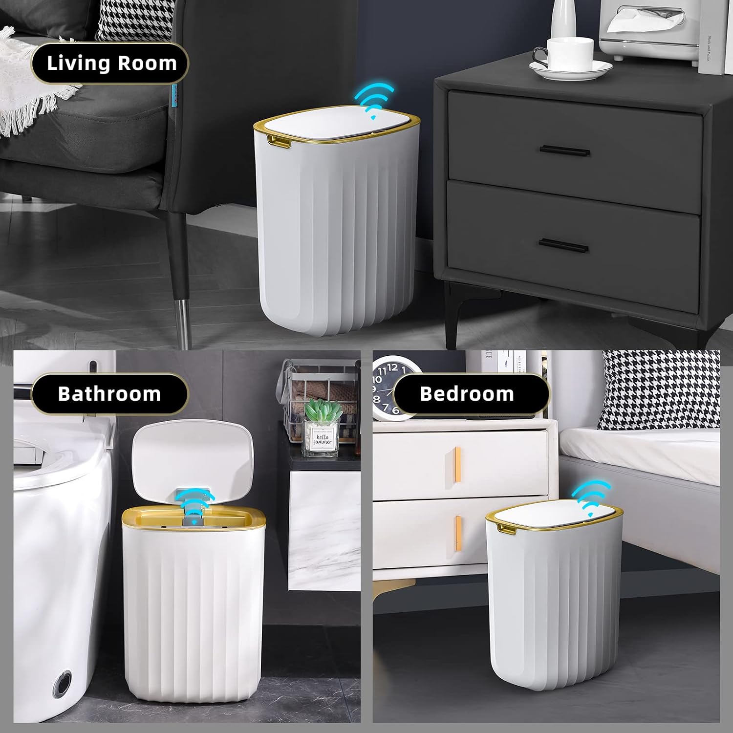 MOPUP Gold Small Bathroom Trash Can, Hands Free Garbage Can, 14L Little Automatic Wate Bin with Lid, Sensor Covered Wastebasket, Nice Gifts for Housewarming, Suit for Bedroom, Toilet(no Batteries)