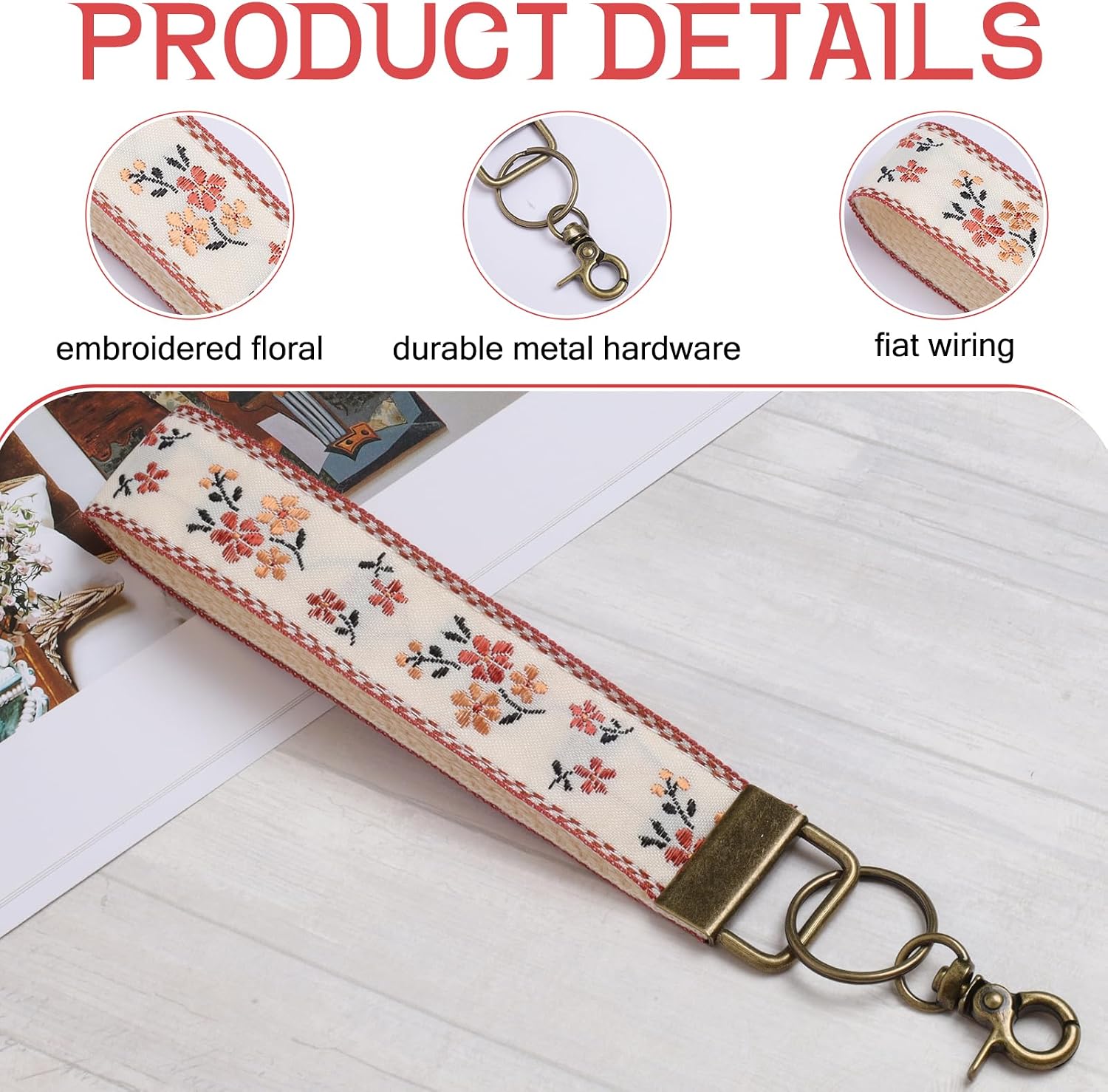 2PCS Boho Embroidered Floral Wristlet Keychain Fabric Wrist KeyChain image 3