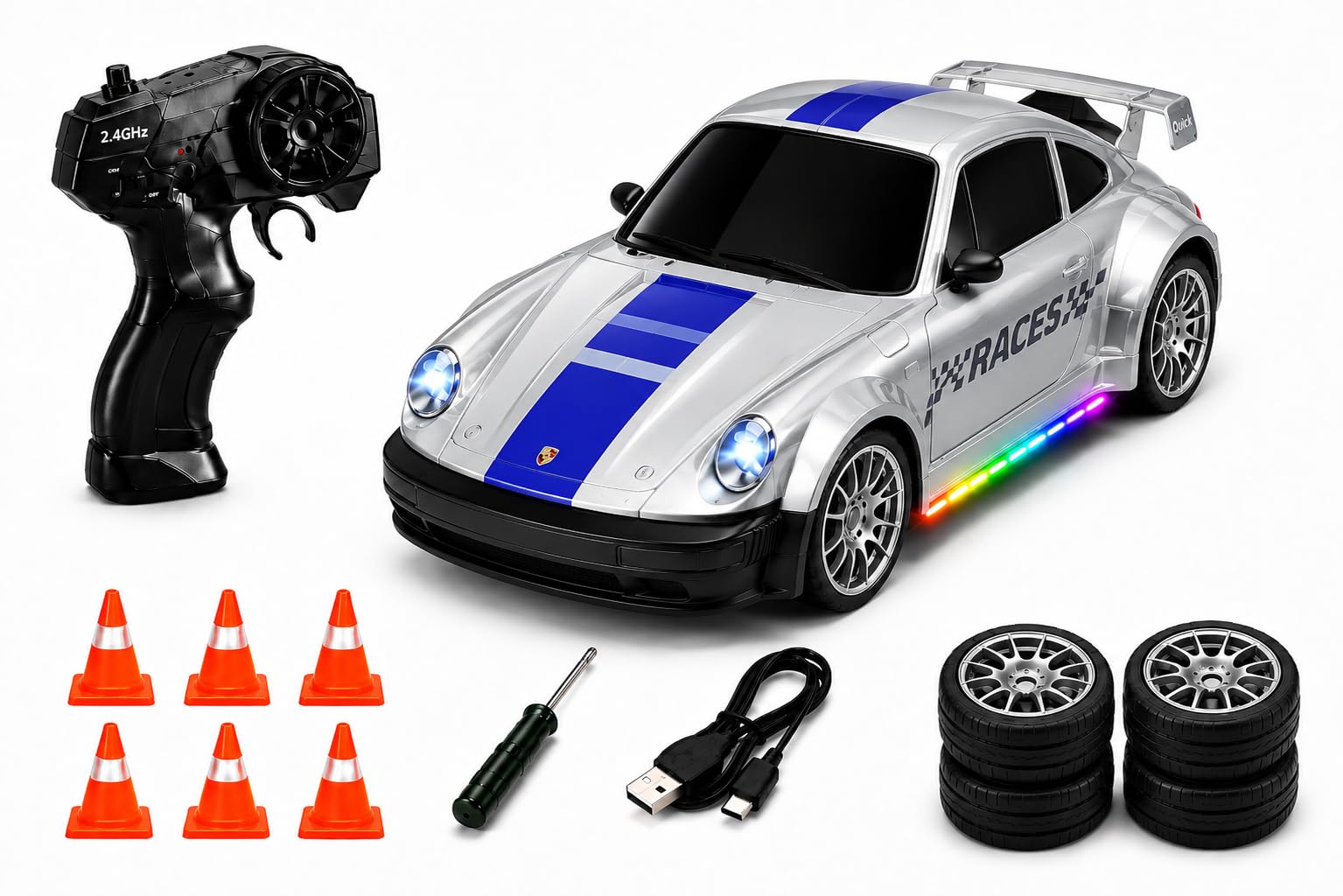 1:24 Scale 4WD RC Drift Car with 2.4GHz Remote Control, Flashing Lights, Dual Tires for Speed & Drift, USB Charging, Includes Cones & Tools(Multicolor)-image-8