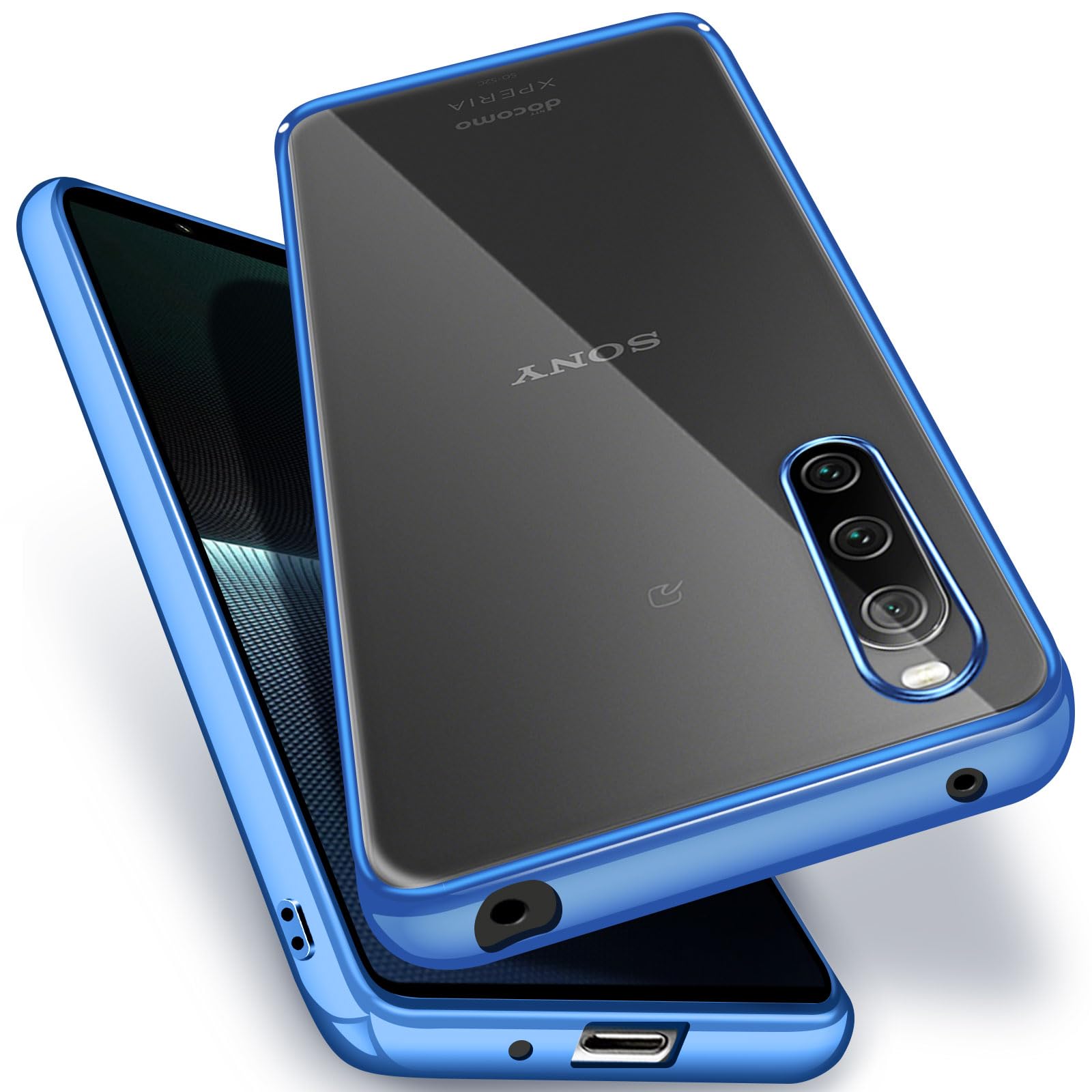 Sony Xperia 10 V クリア ケース 耐衝撃 SO-52D SOG11 カバー 米軍MIL規格 エクスペリア10V スマホケース TPU 保護ケース ストラップホール付き メッキ加工 クリアバック(ブルー)