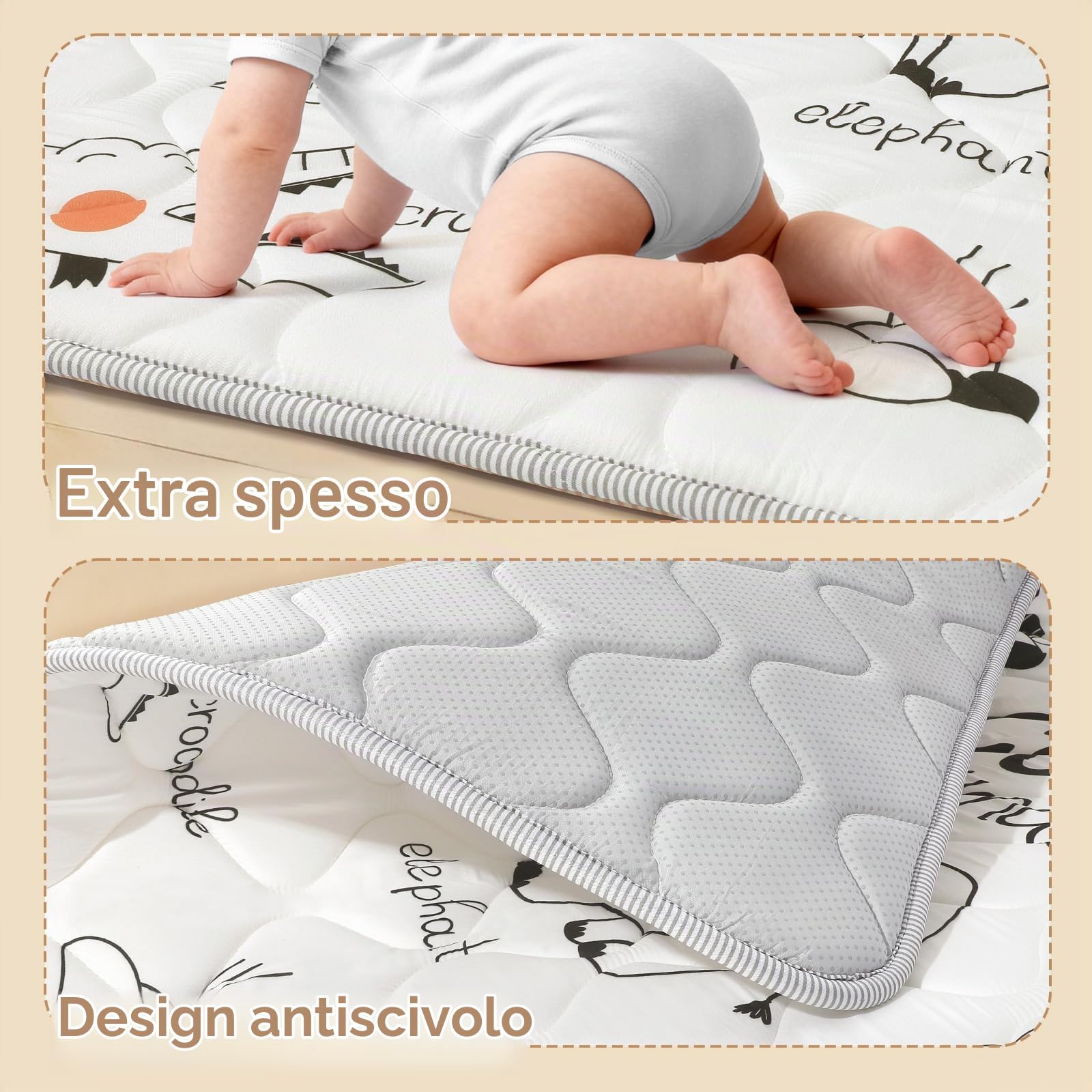 Tappetino per Giochi Bambino 127 * 127cm, Tappeto Attività Morbido con Imbottitura Spessa per Tempo a Pancia in Giù, Base Antiscivolo Sicura per Gattonamento, Animali linea