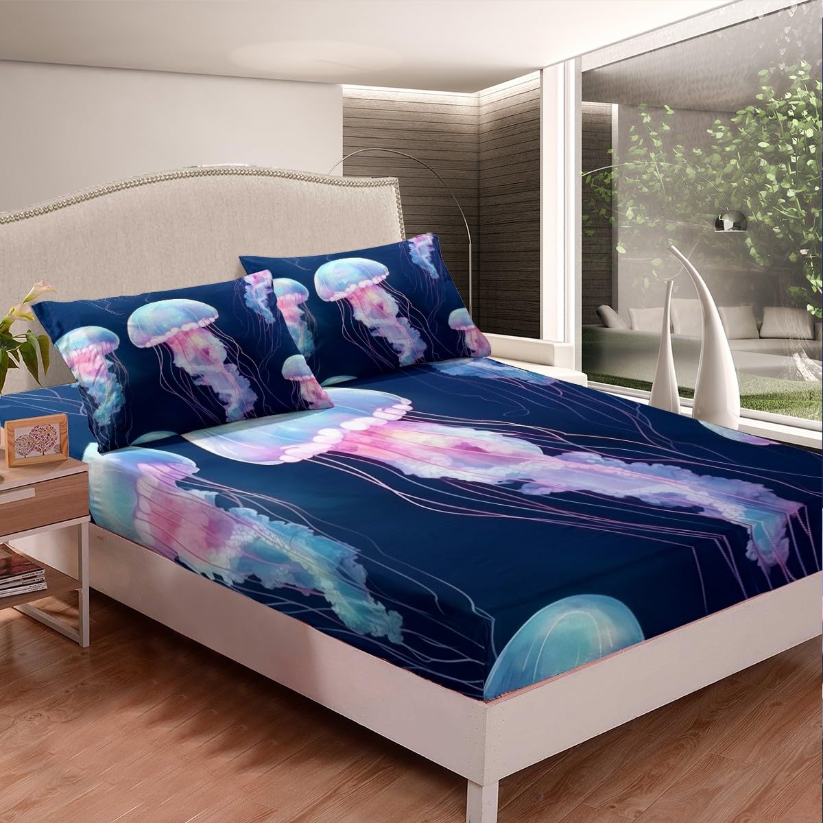 Parure de lit méduse pour chambre d'enfant lit double style marin rose et bleu