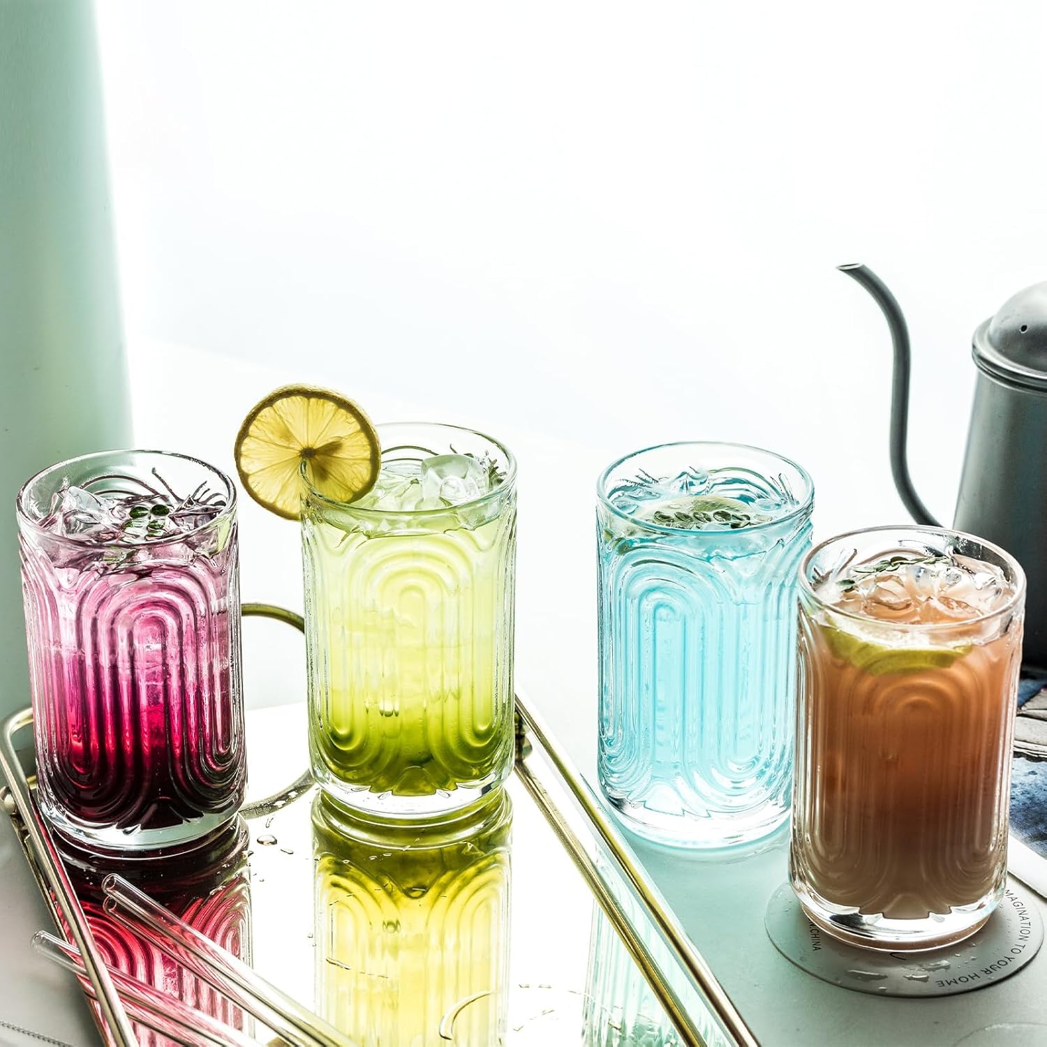 INSETLAN Set of 6 Vintage Glassware - 14 oz Water Drinking Glasses, Art Deco Ripple Glass Cup, Cocktail Glasses, for Bar Beverages Ice Coffee Juice, Housewarming Presents, New House Essentials - Image 9