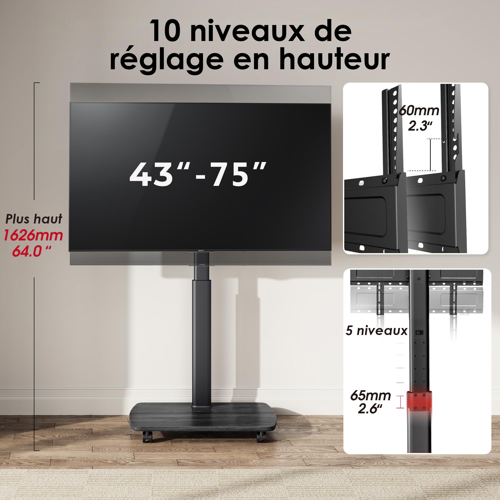 AOKCOS Support TV roulettes pour TV de 43-75 Pouces - Support TV sur Pied Plus Haut 1306 MM-1626 MM Pivotant 50° Inclinaison 12° jusqu'à 50 KG Max. VESA 600x400mm