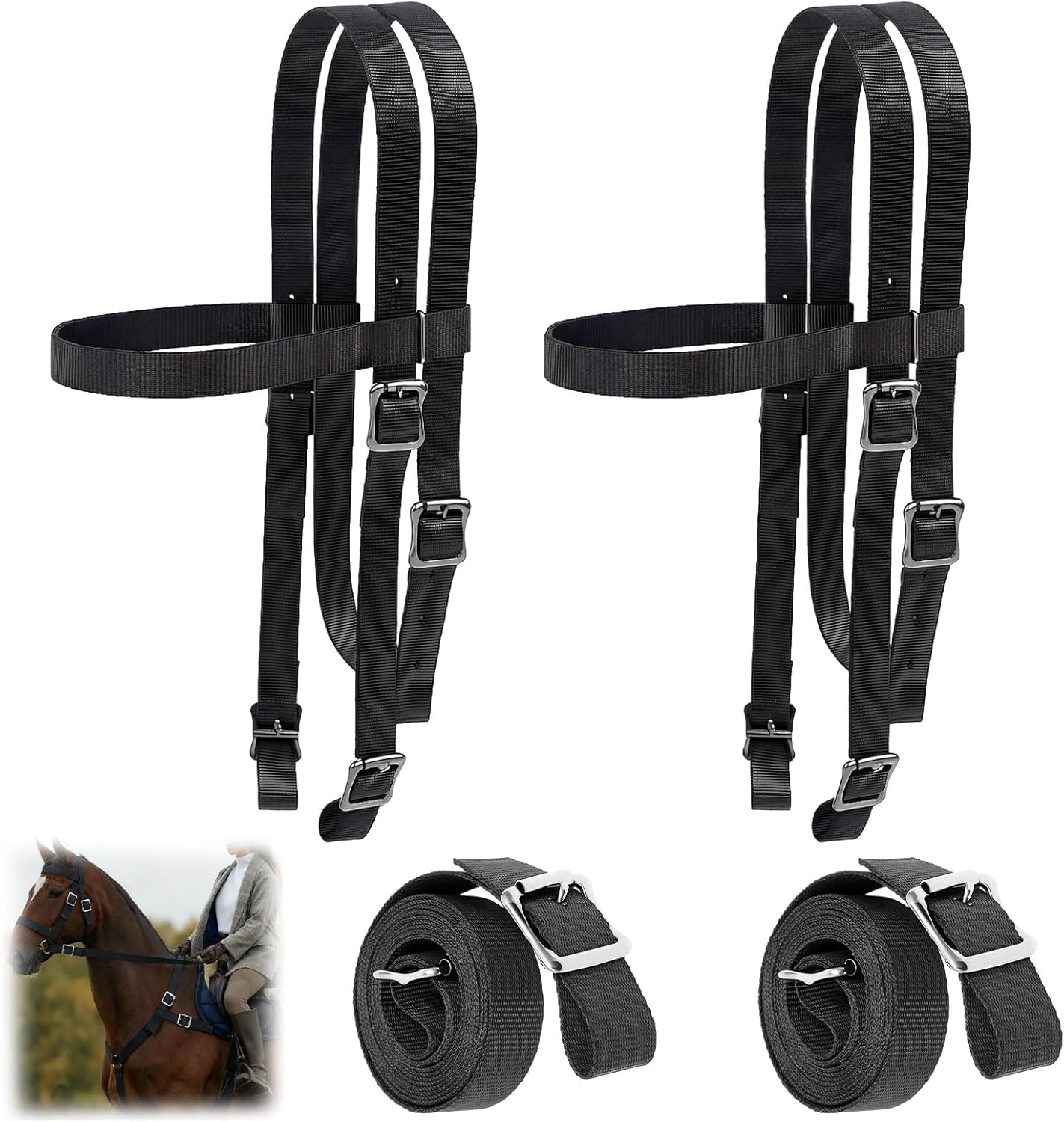 2 Pcs Horse Headstall with Reins, Western Horse Bridle, Nylon Padded Browband, for Horses Trail Riding Equine Tack Supplies Equestrian Lover Gifts, Black