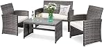 DORTALA 4 Ensemble de meubles de patio, ensemble de conversation en osier extérieur avec coussins souples & Table à café en verre trempé, Sets de bistro de patio de Rattan pour Balcon Courtyard, Turquoise