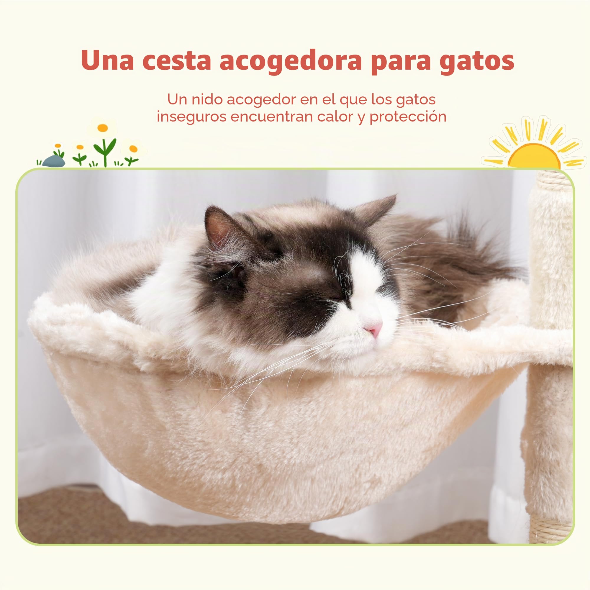 Hey-brother Rascador para Gatos, con Juguetes Extraíbles,Cueva, MPJ008SM | 100cm Árbol Rascador Para Gatos, con Cesta, Plataforma,Rampa Rascadora, para Gatitos de Interior, Beige