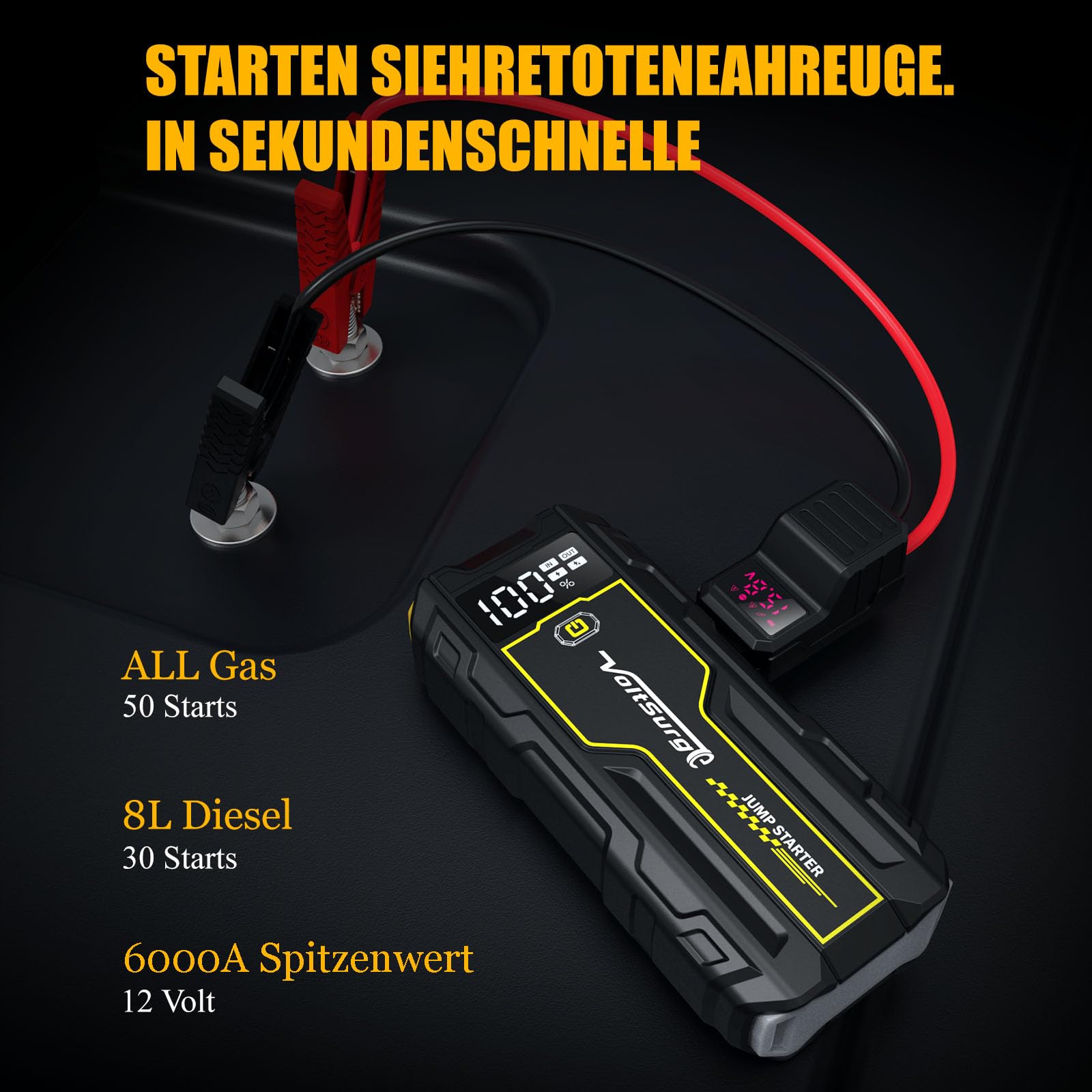 Car Jump Starter, VoltSurge 6000A Jump Box (Up to 8L Diesel or All Gas) 12V Portable Booster Battery Starter QC3.0 Jump Starter LED Torch, USB Connection for Smartphone