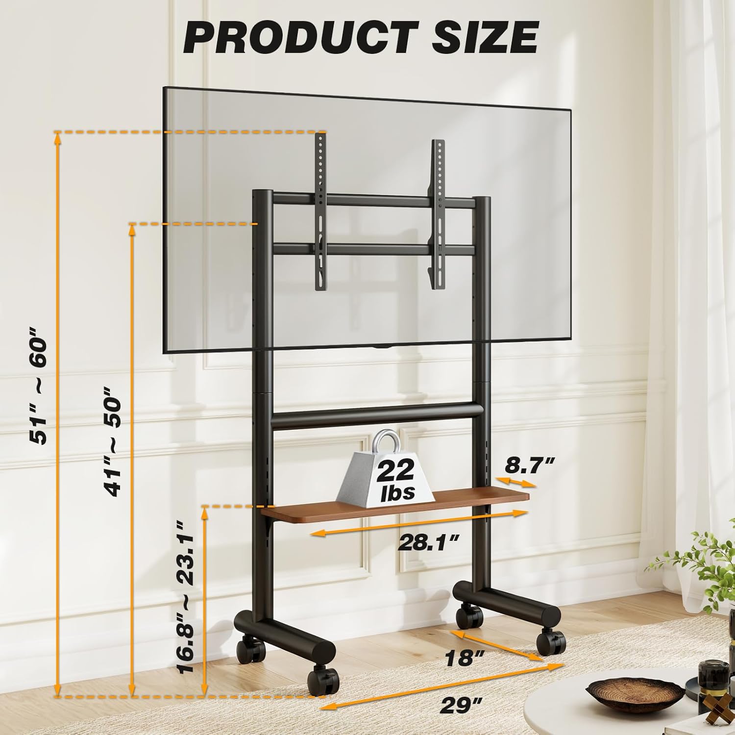 5Rcom Rolling TV Stand on Wheels for 40-86 inch Flat/Curved TVs, Height Adjustable Floor TV Stands Holds up to 150LBS, Mobile TV Cart with Wooden Shelf, Max VESA 600 x400mm