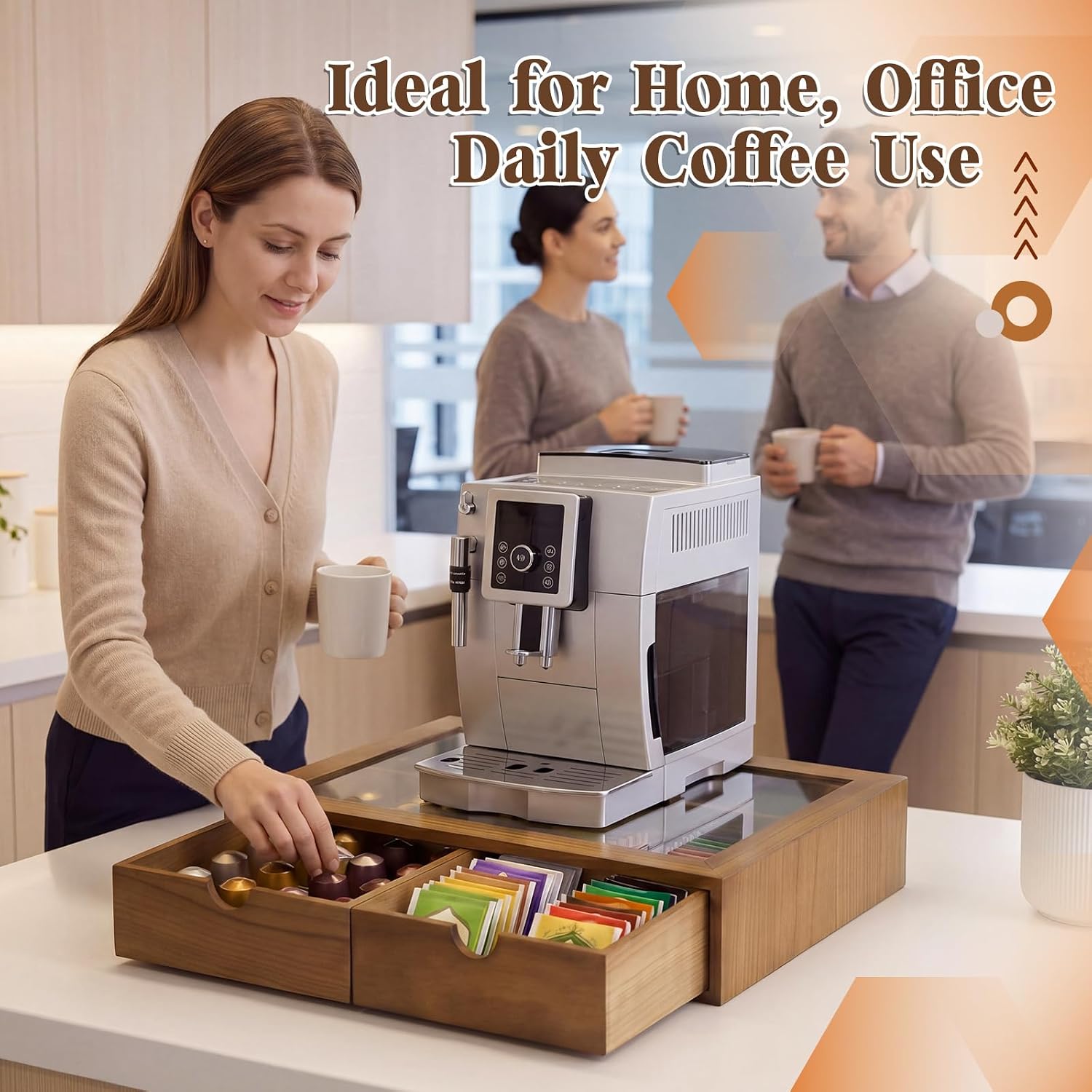Natural Wooden Tea Bag Organizer with Acrylic Top Coffee Pod Storage Drawers Large Capacity Capsule Holders, Thick Clear Lid for Machine Stand Home Kitchen Countertop 15.35" x 11.22"