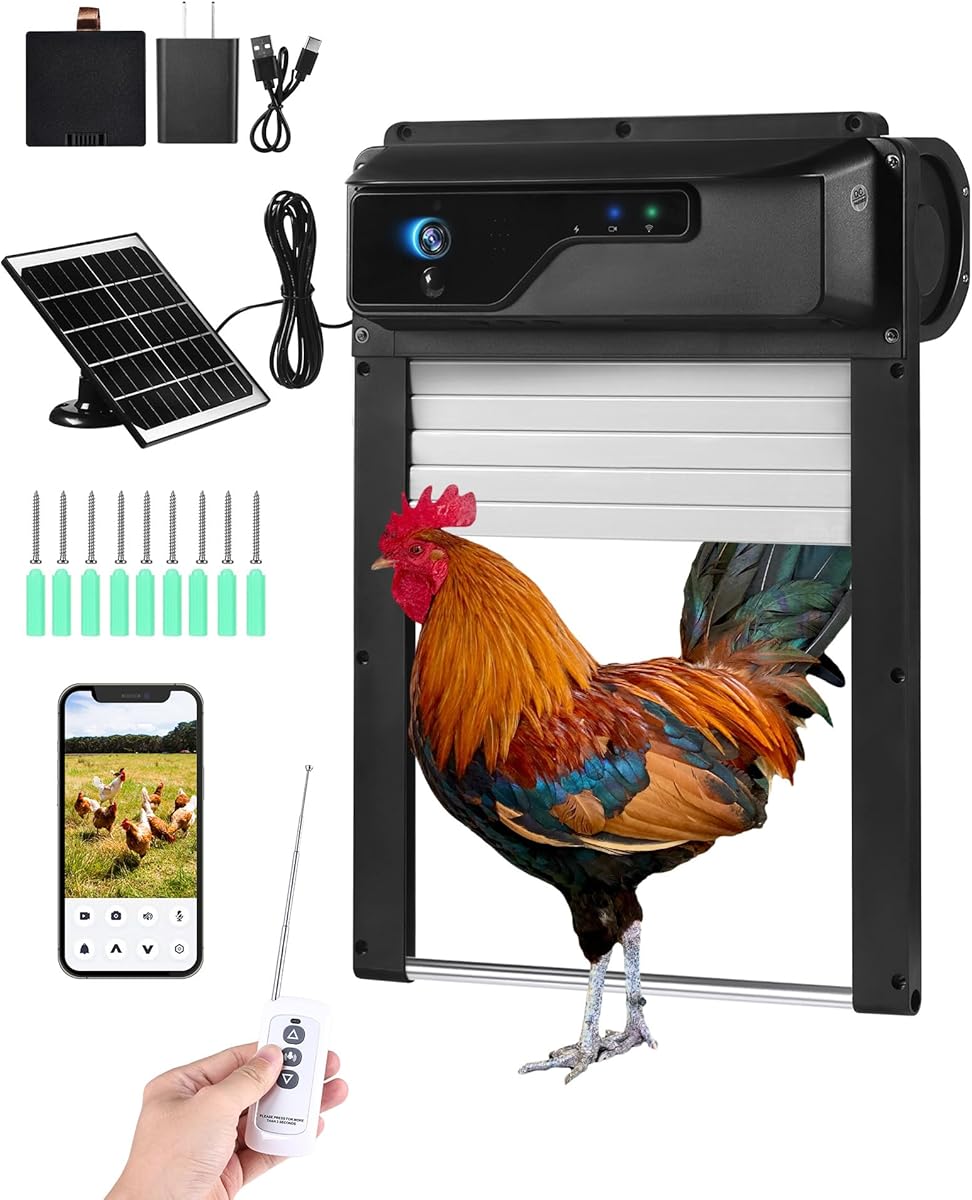 Caifunway Automatic Chicken Coop Door with HD Camera, Solar Powered, 5000mAh Battery, WiFi Enabled, APP-Based Monitoring, Remote Control and Timer, with Anti-Trap Sensor and Alarm Drive (Black)