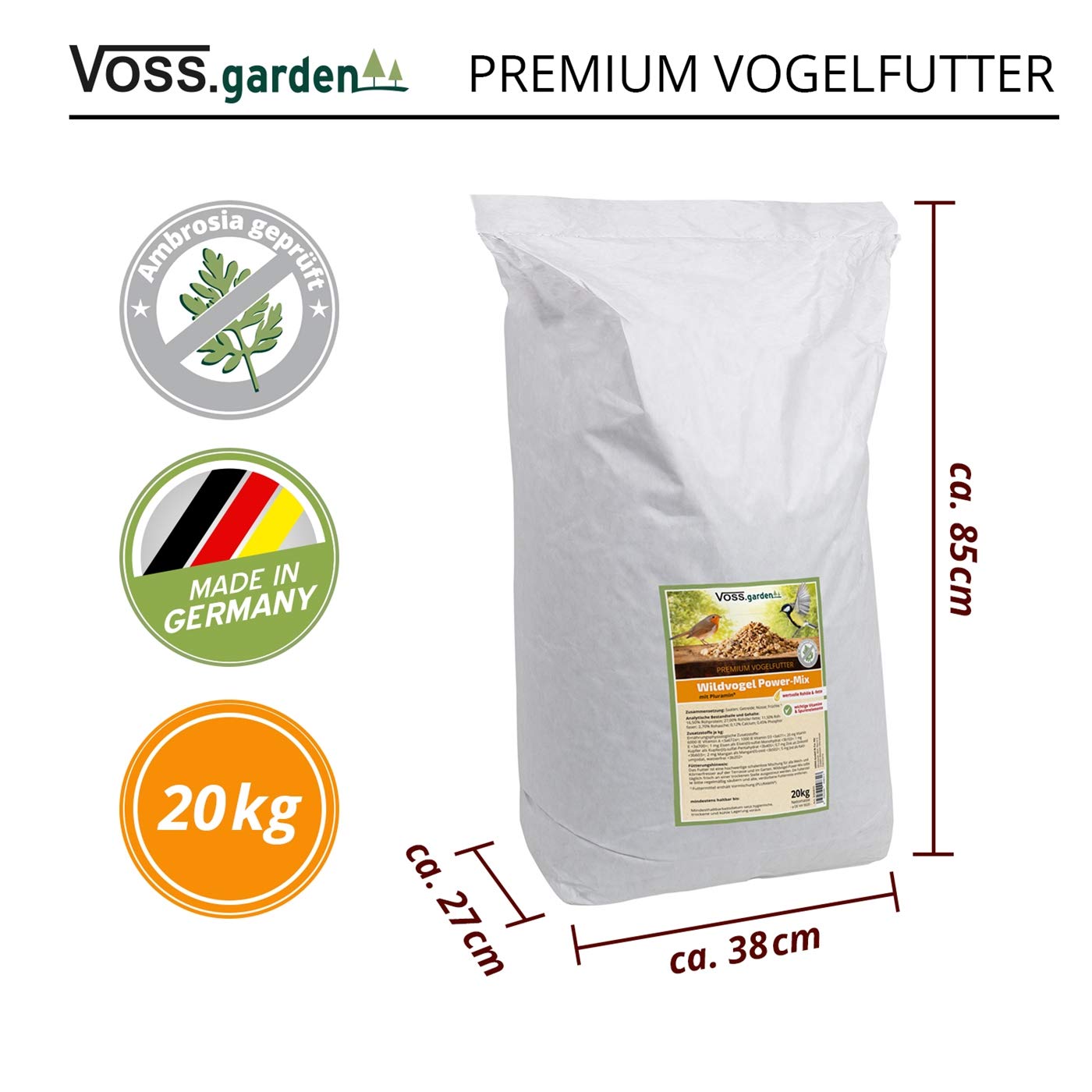 VOSS.garden Wildvogel Power-Mix 20kg Premium Vogelfutter Wildvogelfutter für Vogelhaus, Futterstation und als Streufutter