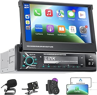 Single Din Car Stereo with Apple Carplay and Android Auto, 7 Inch Flip Out Screen Car Stereo with Backup Camera, Car Radio Supports Bluetooth/Mirror Link/FM/AUX Input/TF Card/Steering Wheel Remote