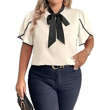 BEAUDRM Womens Plus Size Work Office Blouse Bow Tie Neck Petal Sleeve Business Casual Blouse Shirts Top