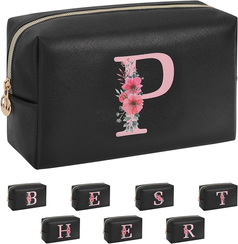 Necessaire de maquiagem onemoky com inicial personalizada, PU e zíper – 20,07 cm x 7,87 cm x 12,45 cm