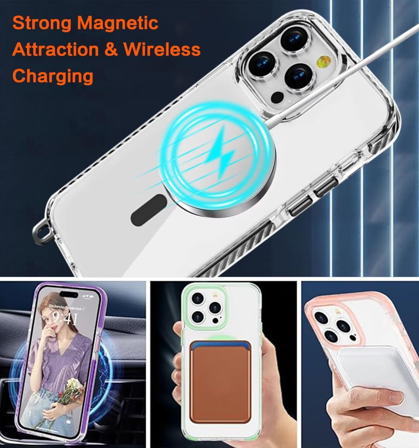 Phoona Cover Magnetica Glitter per iPhone 16 con Cordino, [Compatibile con MagSafe] Brillantini Sottile Lucida TPU Silicone Custodia per iPhone 16 Morbido Antiurto Cover, Viola