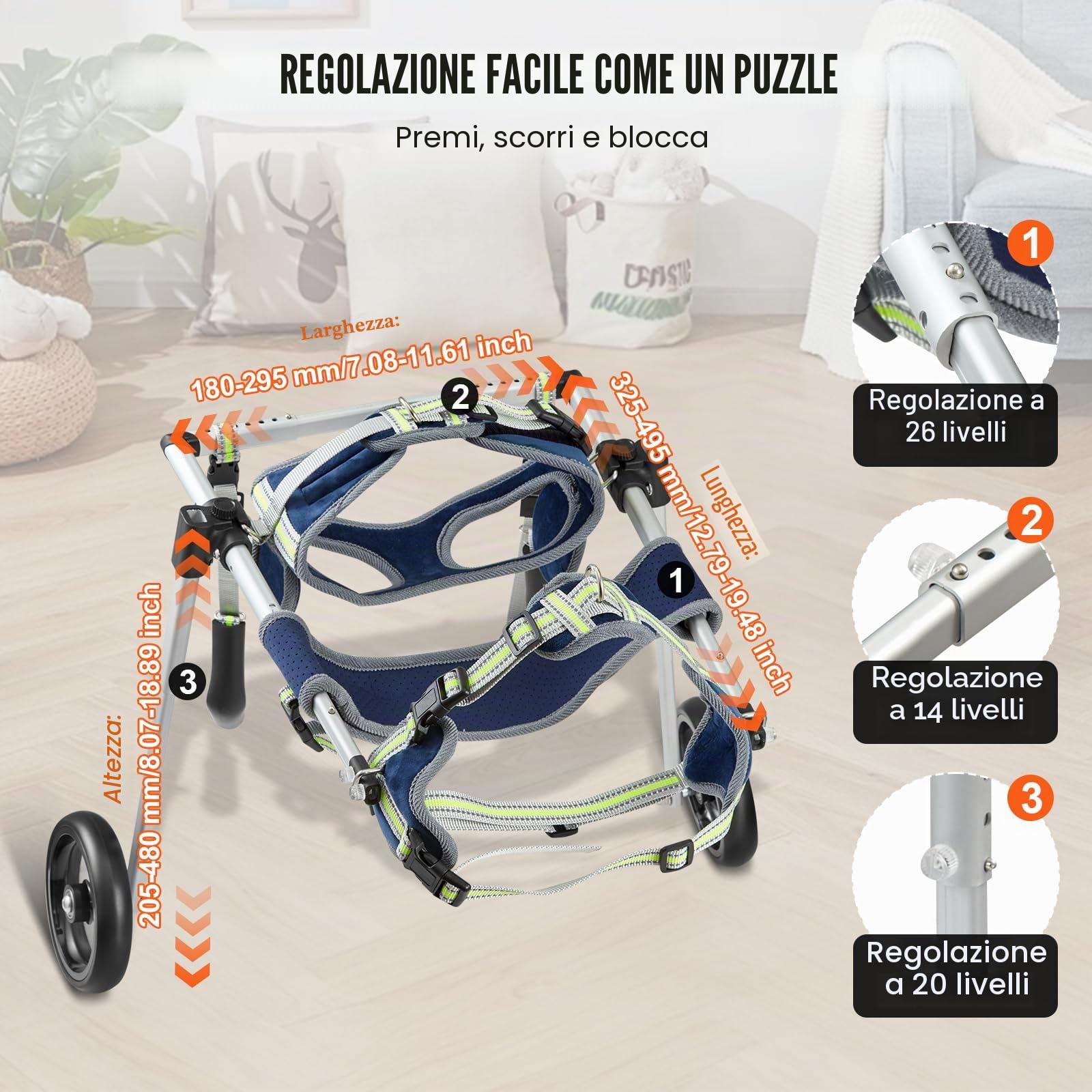 VEVOR Carrozzina per Cani a 2 Ruote per Gambe Posteriori, Carrozzina per Cani Leggera Regolabile Aiutare nella Guarigione, Carrello per Cani/Sedia a Rotelle per Feriti, Disabili, Paralisi, Misura S