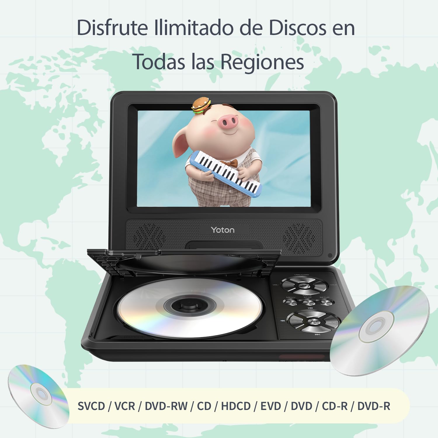 Reproductor DVD portátil Yoton de 9.5", con pantalla giratoria HD de 7.5" para niños, altavoces estéreo, batería interna con autonomía de hasta 6 horas, compatible con sincronización TV/USB/tarjeta SD