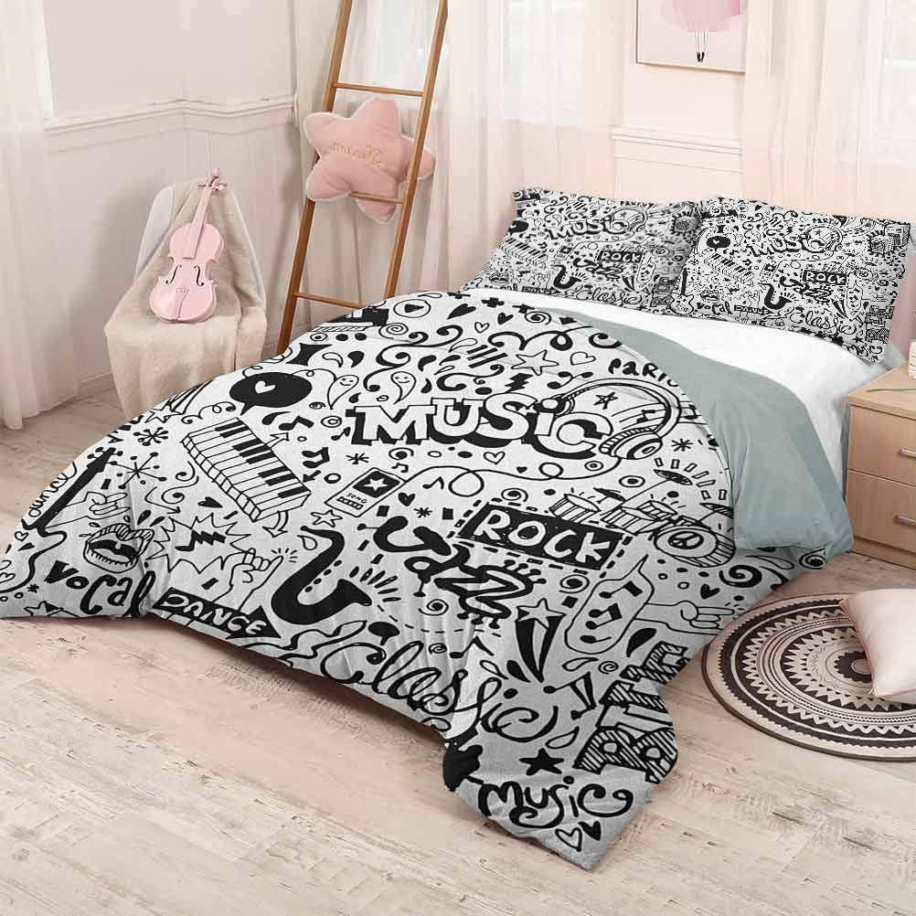 prunushome Doodle All-Season 3-Piece Music Collection with an Abstract Drawing Rock Jazz Blues Genre Classic Dancing Comfy Bedding Black White 104x90in/20x35inx2