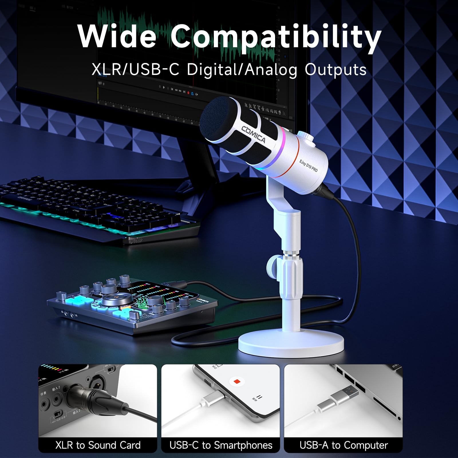 EJoy D10 PRO RGBダイナミックマイク ホワイト Amazon.co.jp: 【COMICA 2025革新登場】ワイヤレスダイナミックマイク