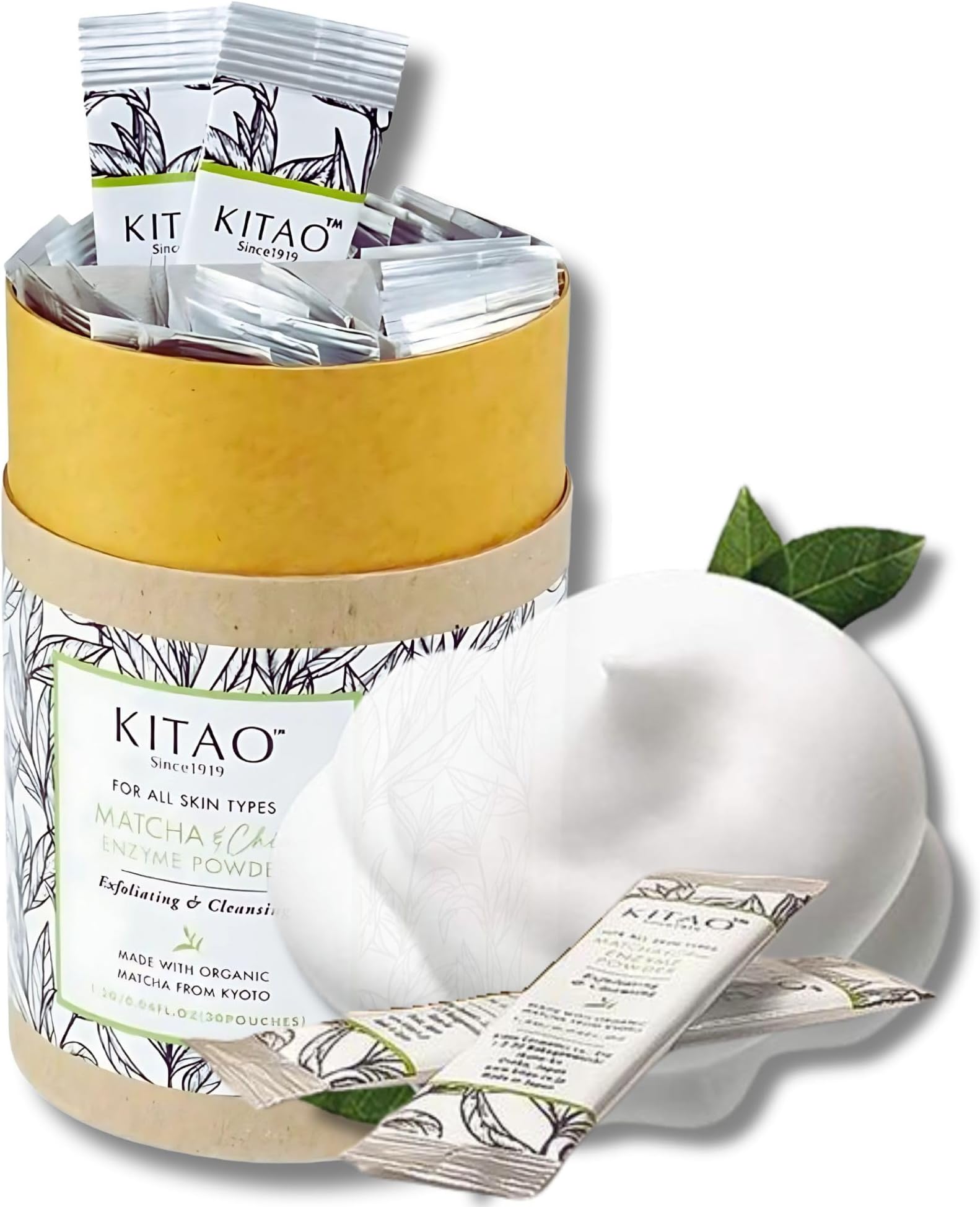KITAO 30EA Exfoliating Enzyme Powder Face Wash for Women, Foam Face Wash Powder Travel Size with ECOCERT Level Matcha, Chia, Quinoa Seed& Ceramides, Foaming Facial Cleanser for Men Made in Japan