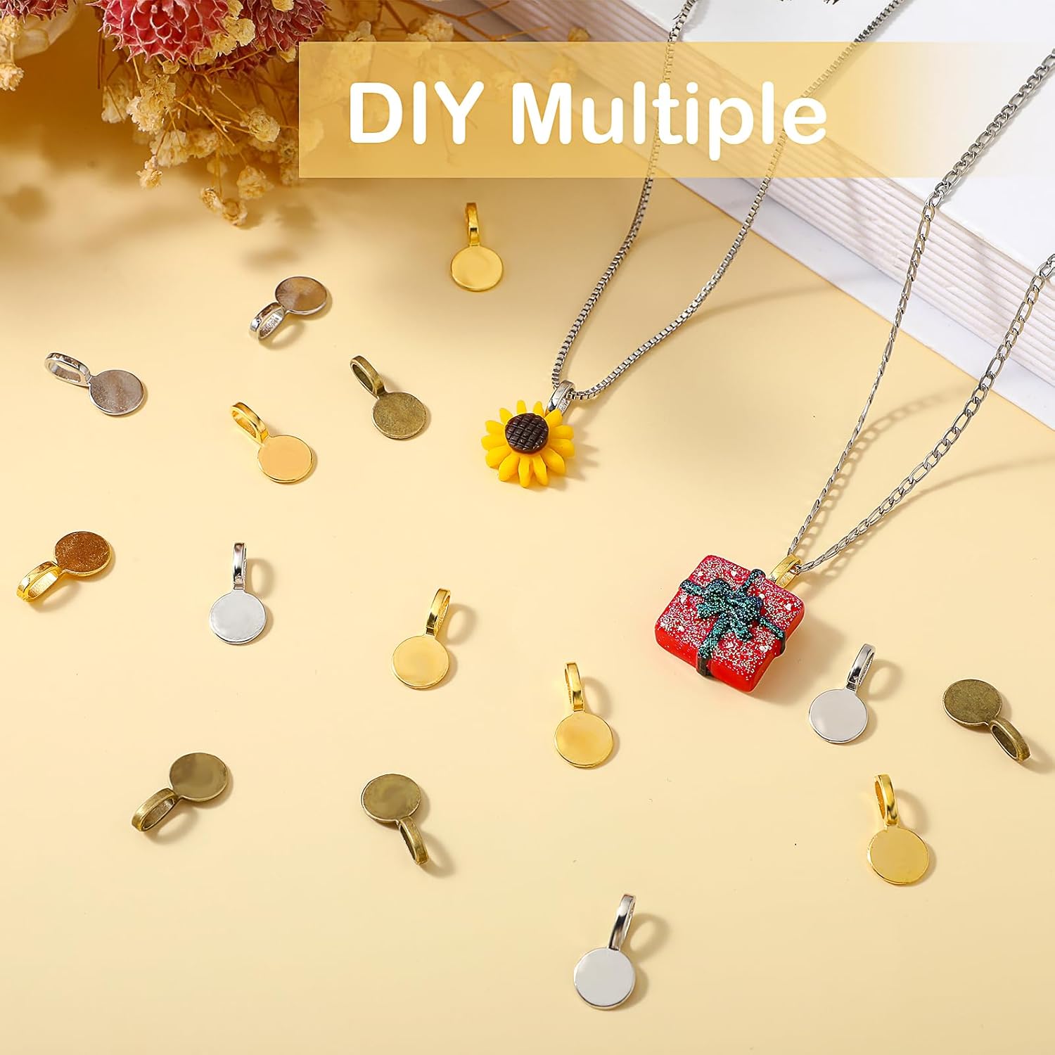 150 Pcs Bails for Jewelry Making Glue on Bails Pendants Pendant Connector Round Glue-on Flat Pad Bails Pendants Charms Bails for Necklace Bracelet Jewelry Making Golden Silver Bronze - Image 5