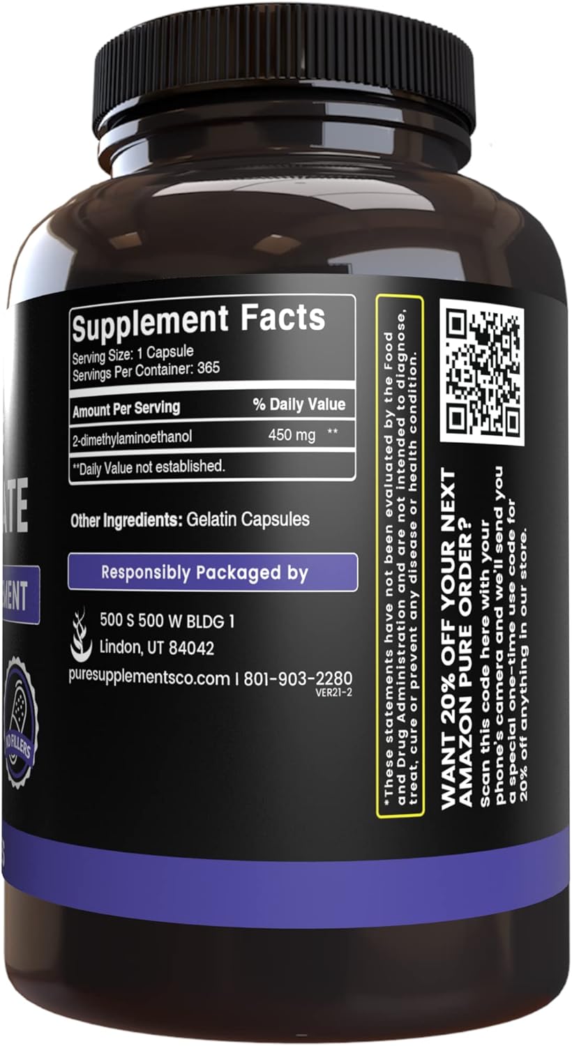 Pure Original Ingredients DMAE Bitartrate (365 Capsules) No Magnesium Or Rice Fillers, Always Pure, Lab Verified