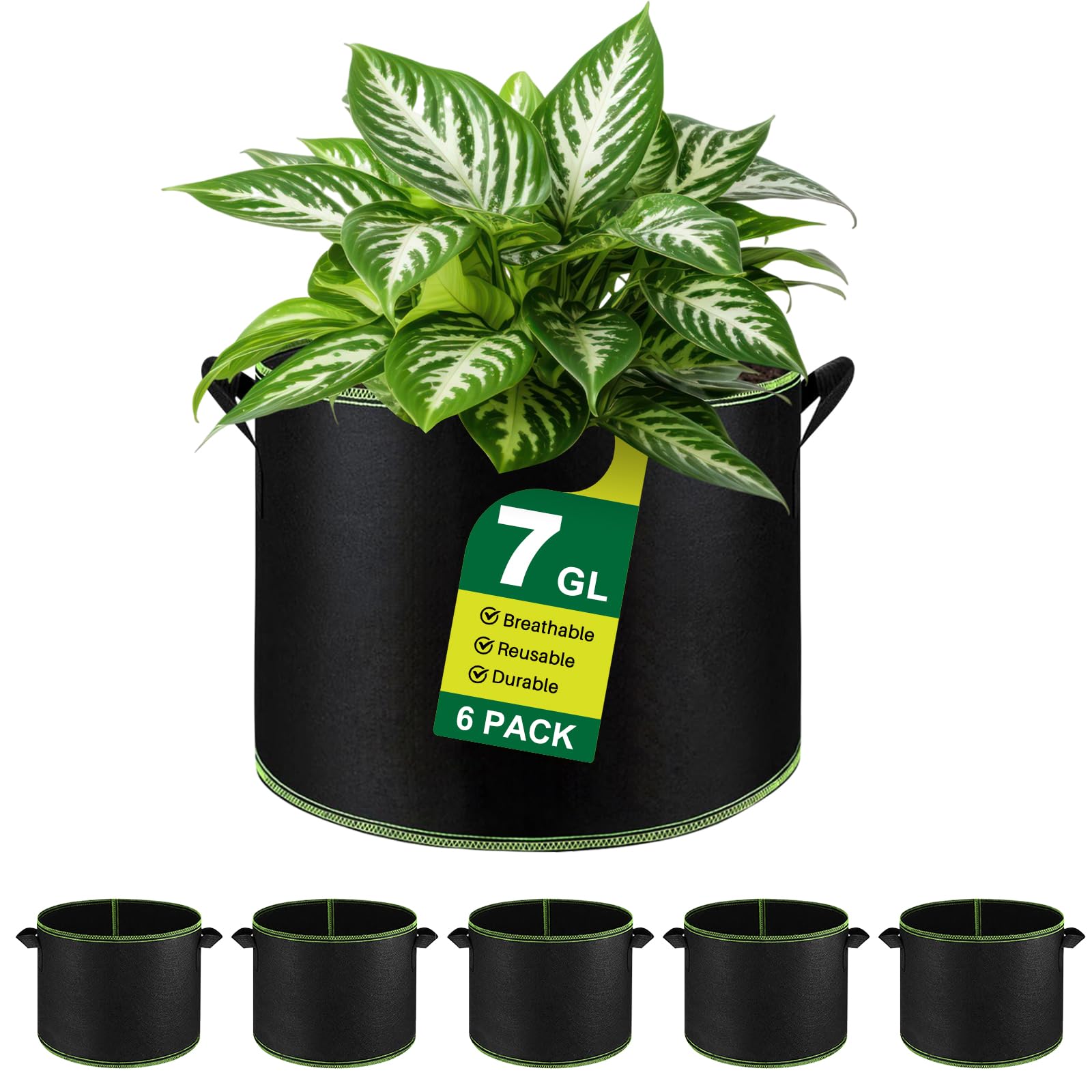 Wenya Black 7 Gallons Plant Grow Bags, 6 Pack Heavy Duty Thickened Nonwoven Fabric Flower Grow Bags With Handles For Vegetable Flowers Herbs Tomato Carrot Strawberry