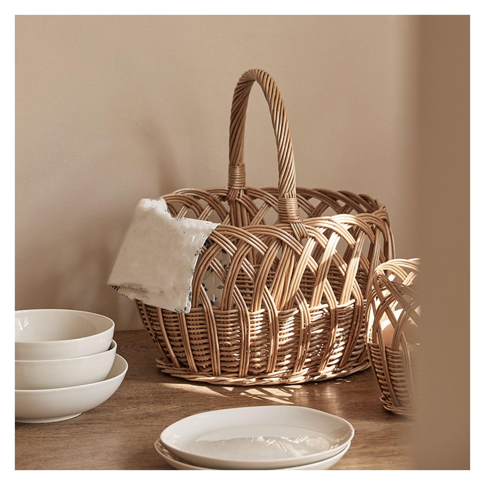 Panier de pique-nique ovale en osier avec poignée, organiseur pour le shopping, la maison, le camping, le jardin, le pain et plus encore – Parfait pour les réunions en plein air
