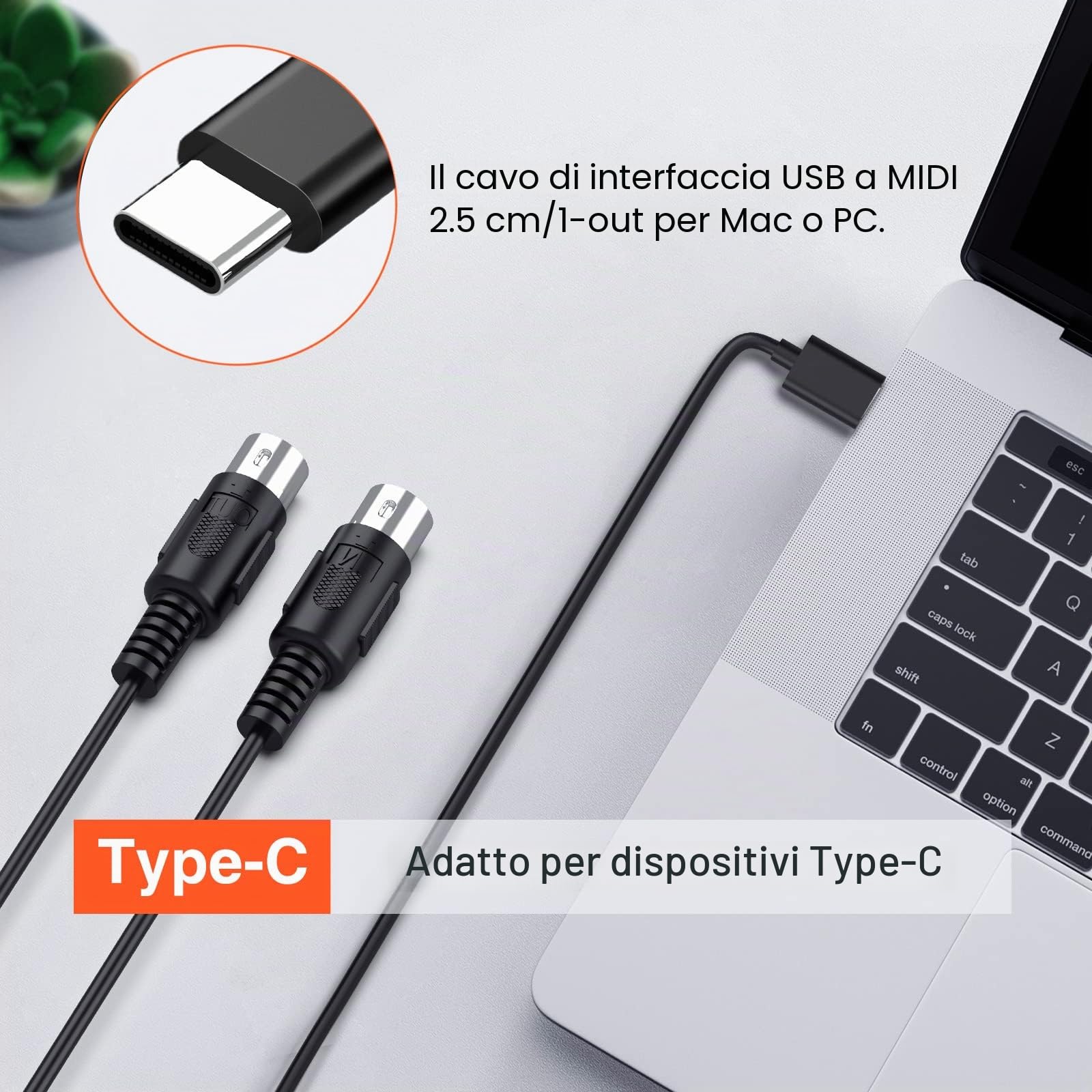 LEKATO Cavo MIDI Tipo C, Adattatore MIDI Tipo C a Interfaccia MIDI Convertitore Ingresso-Uscita MIDI da 6,5 Piedi Tastiera per PC/Mac/Laptop per Strumenti MIDI